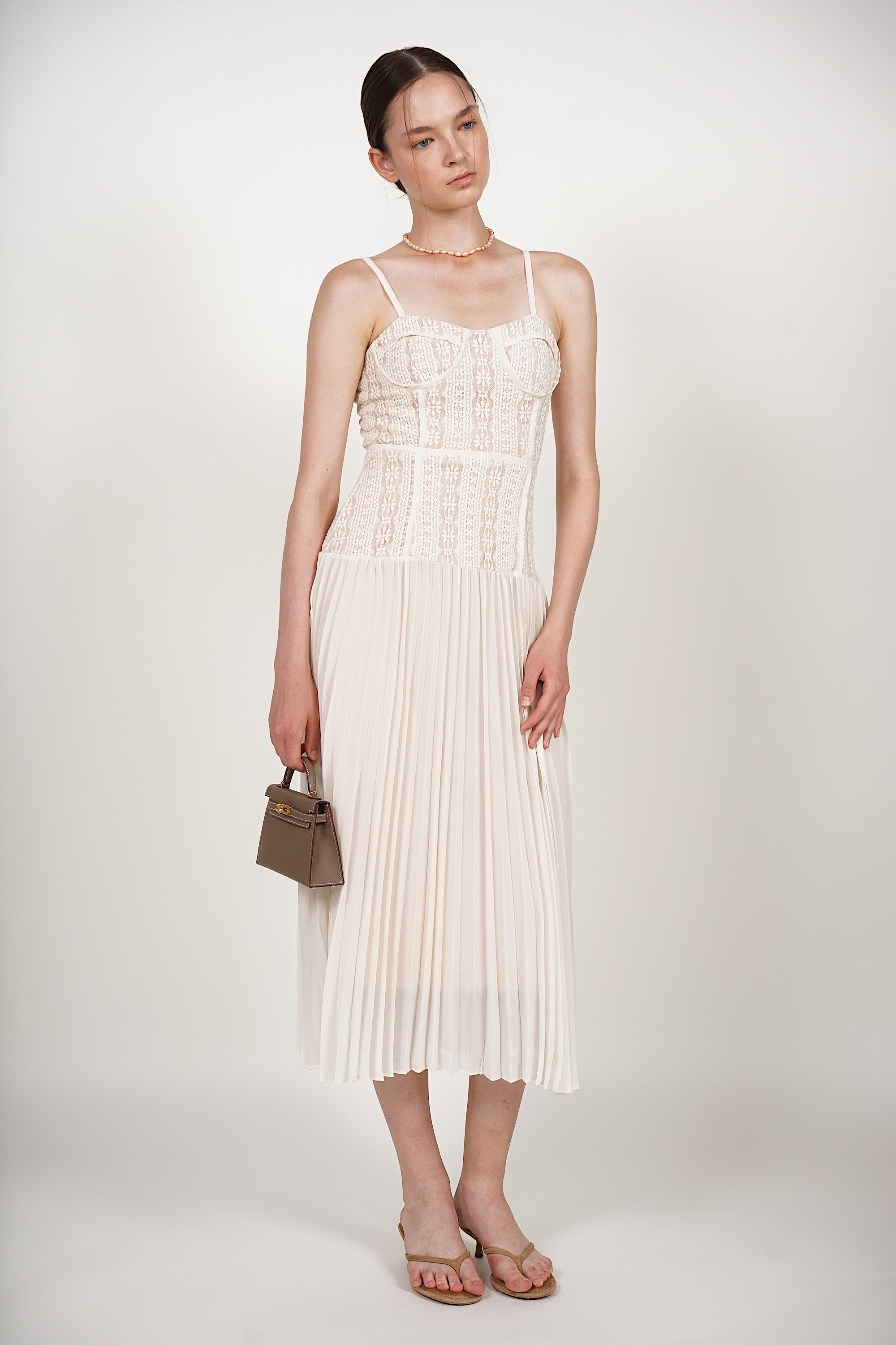 Bustier Pleated Dress in Cream Lace
