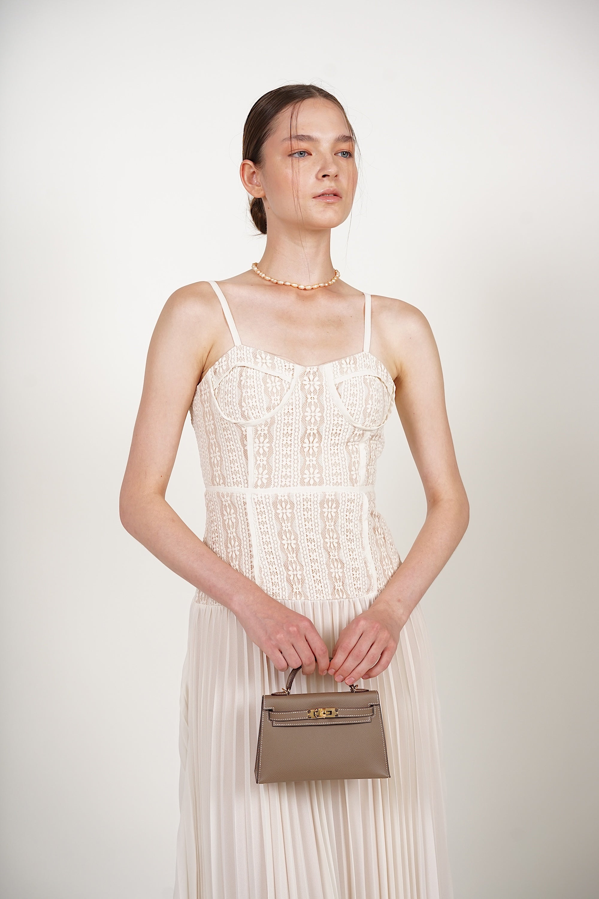 Bustier Pleated Dress in Cream Lace