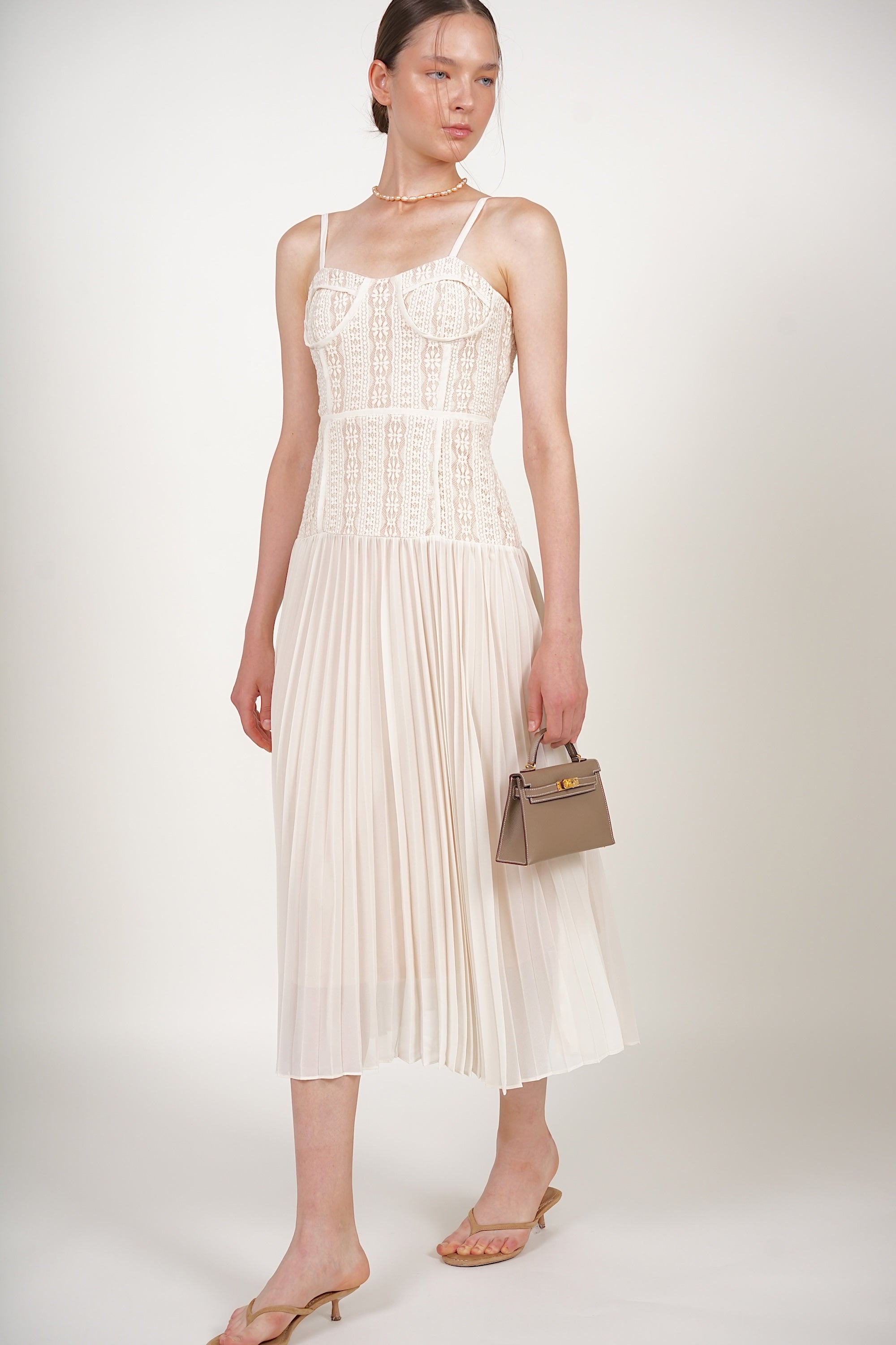 Bustier Pleated Dress in Cream Lace
