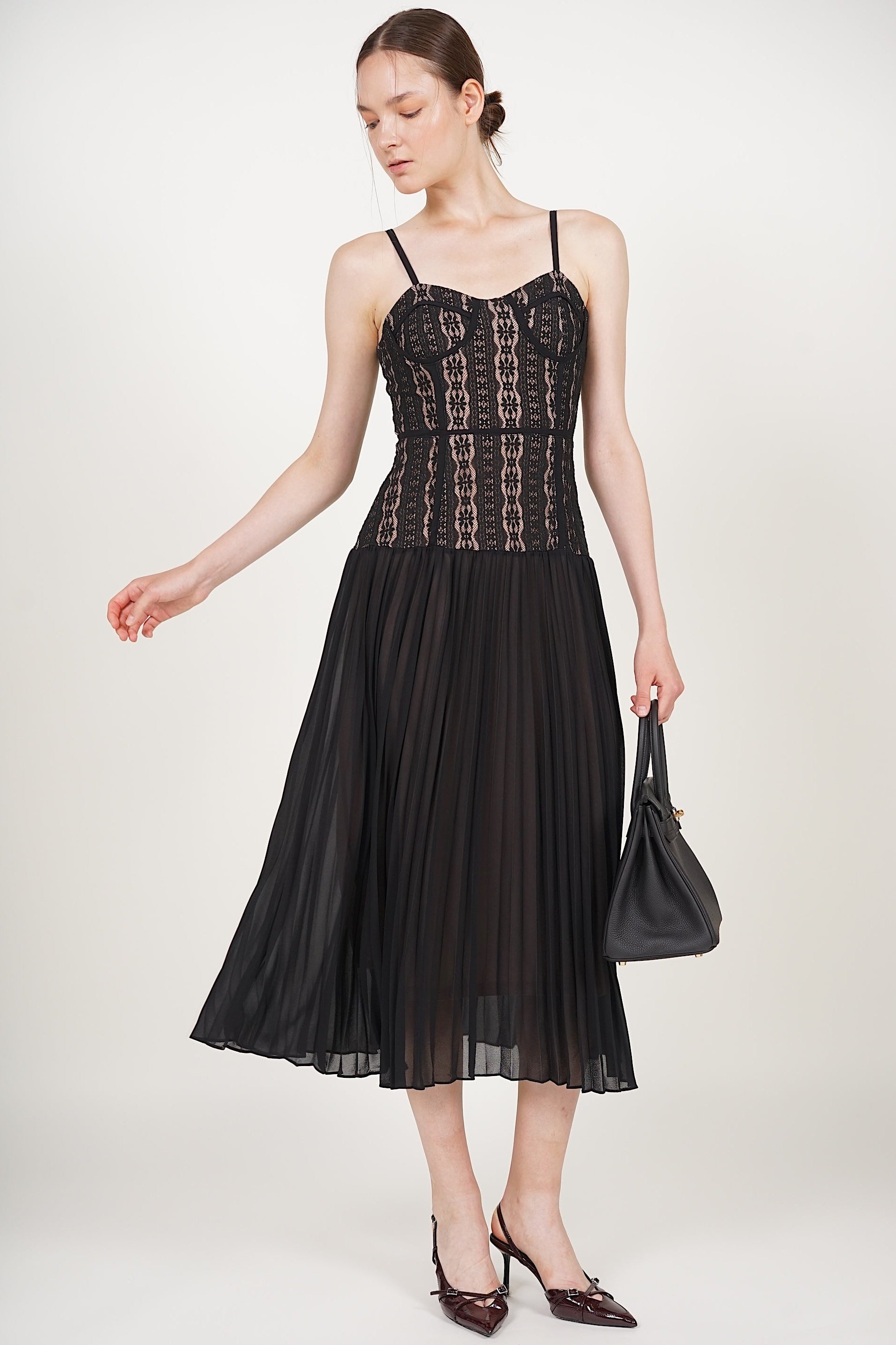 strapless open back dress MJV2006 Ivory Lace Top Dress Pleated Midi Dress main image 0