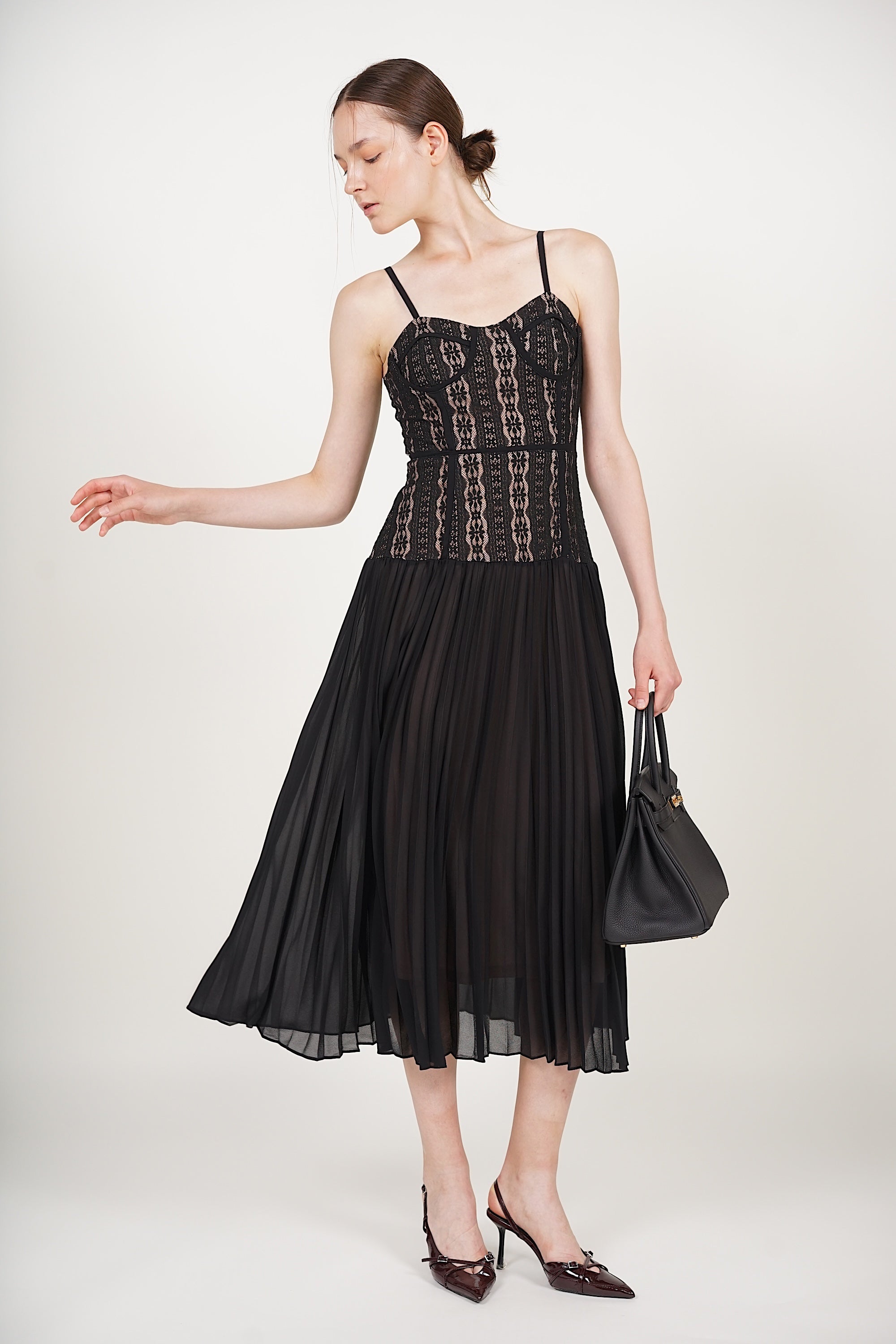 Bustier Pleated Dress in Black Lace