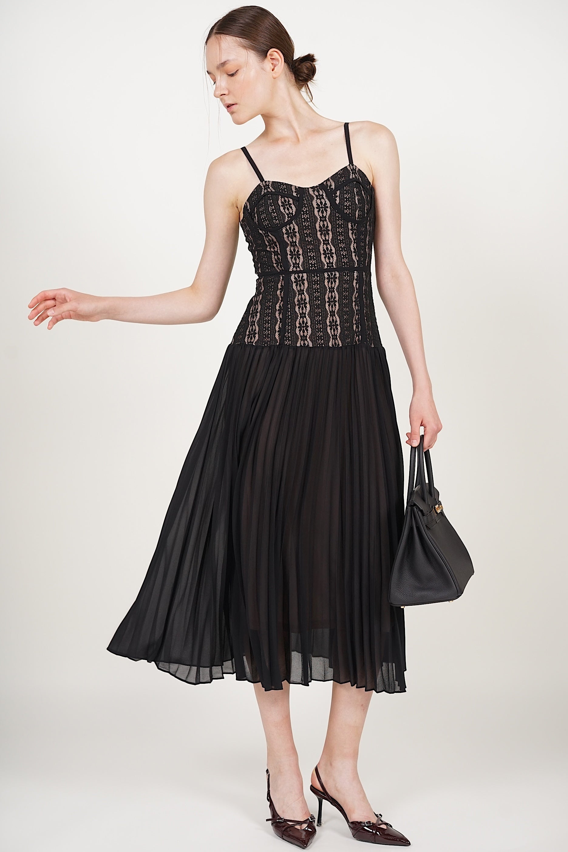 Bustier Pleated Dress in Black Lace