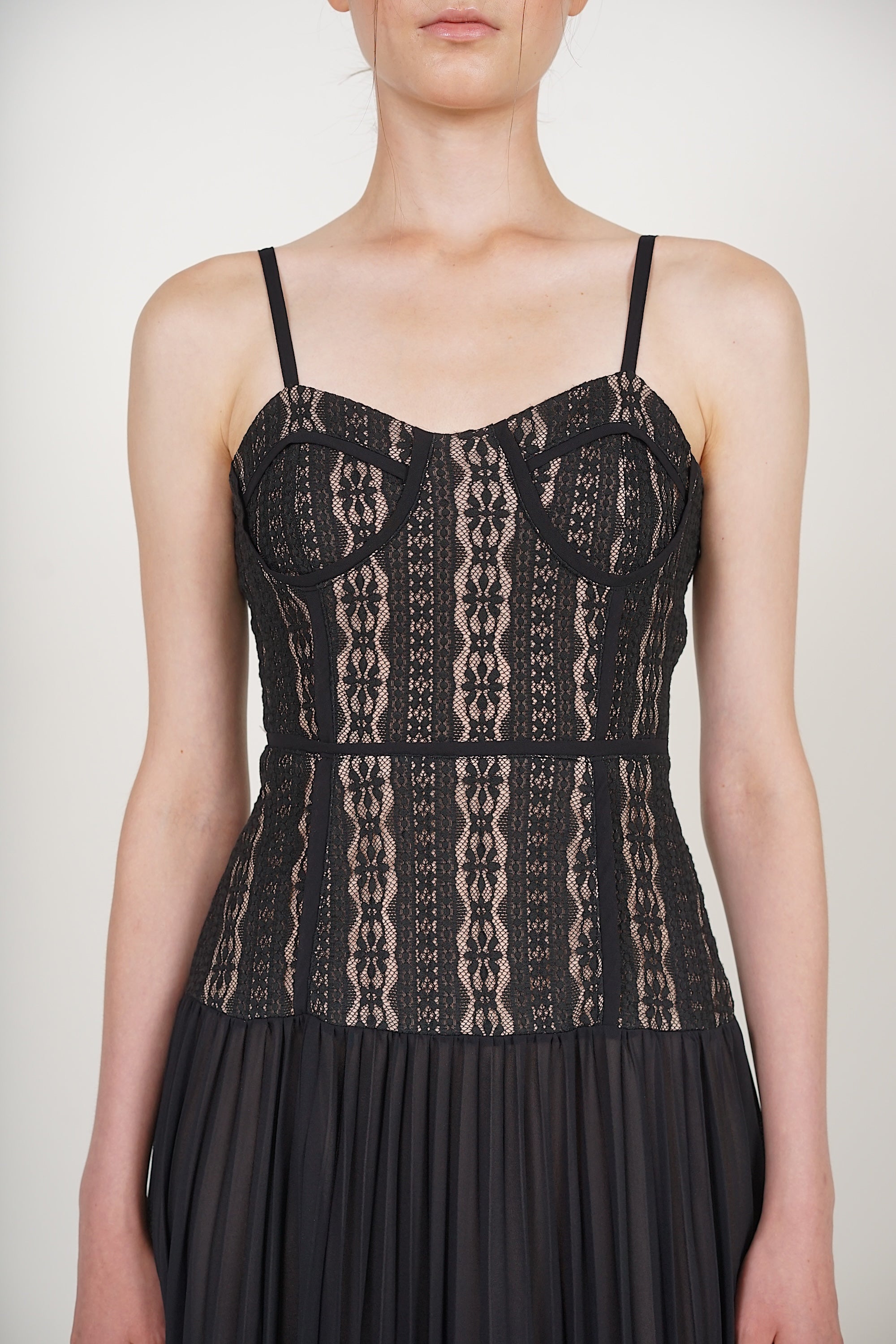 Bustier Pleated Dress in Black Lace