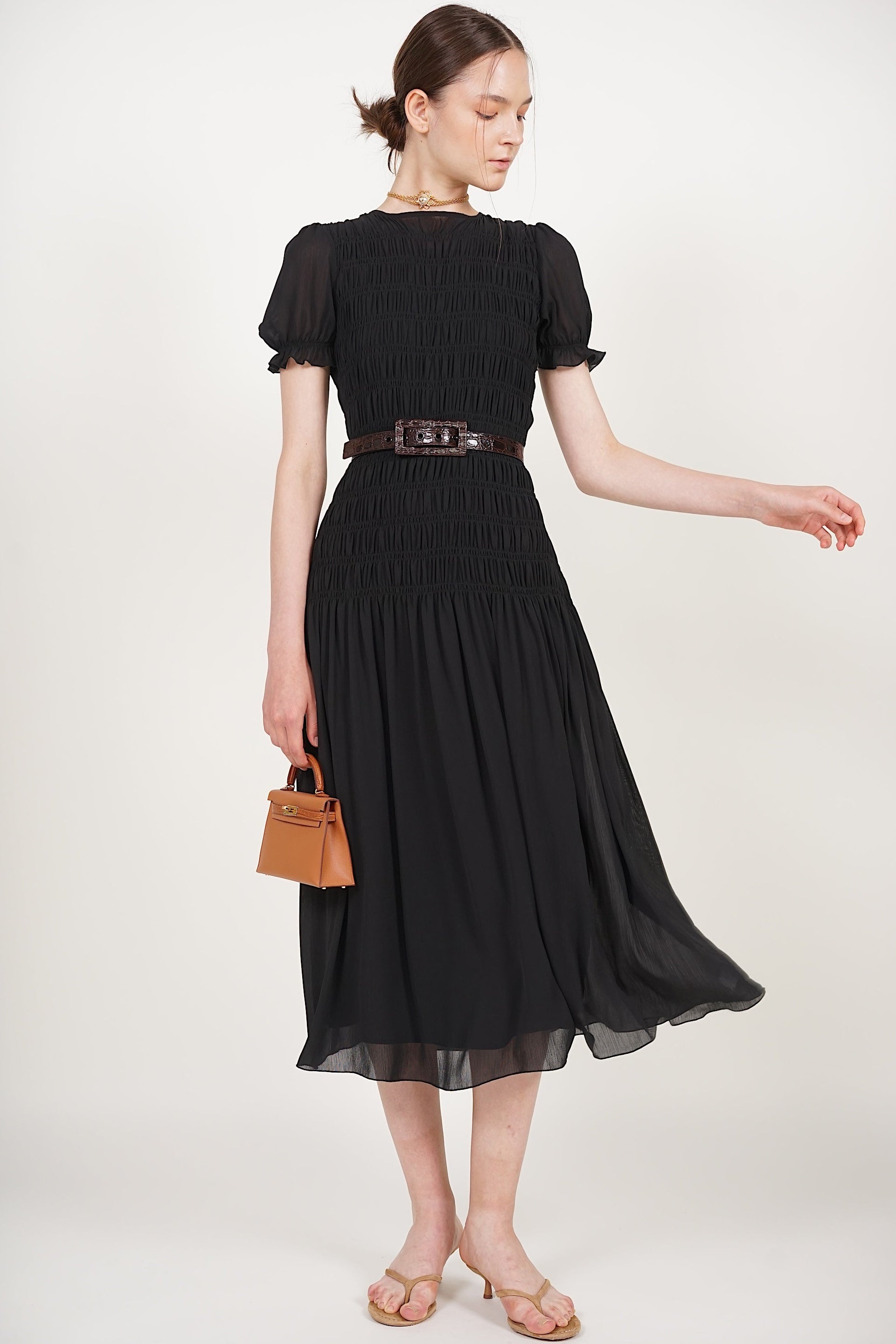 Smocked Flare Dress in Black