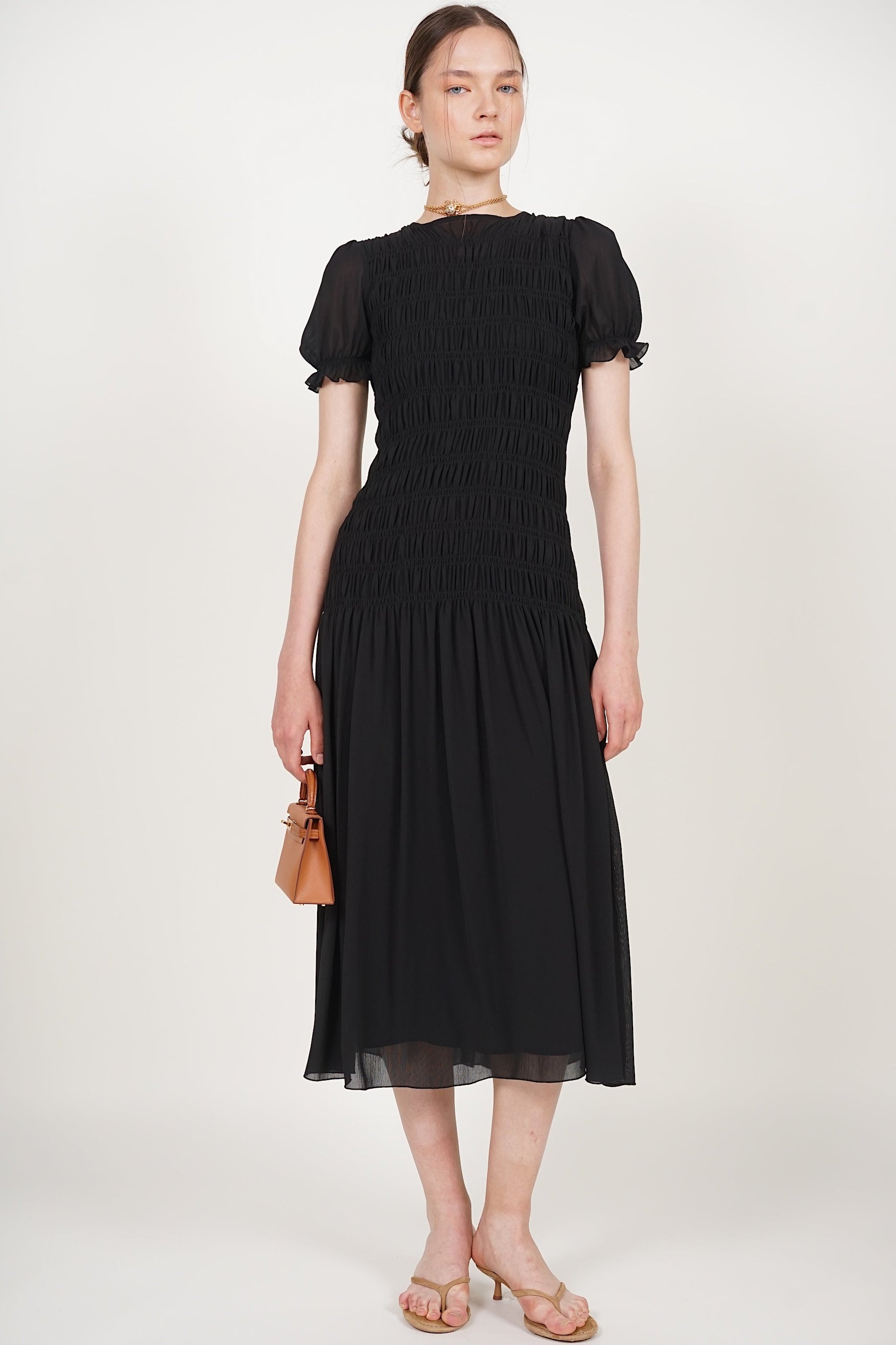 Smocked Flare Dress in Black