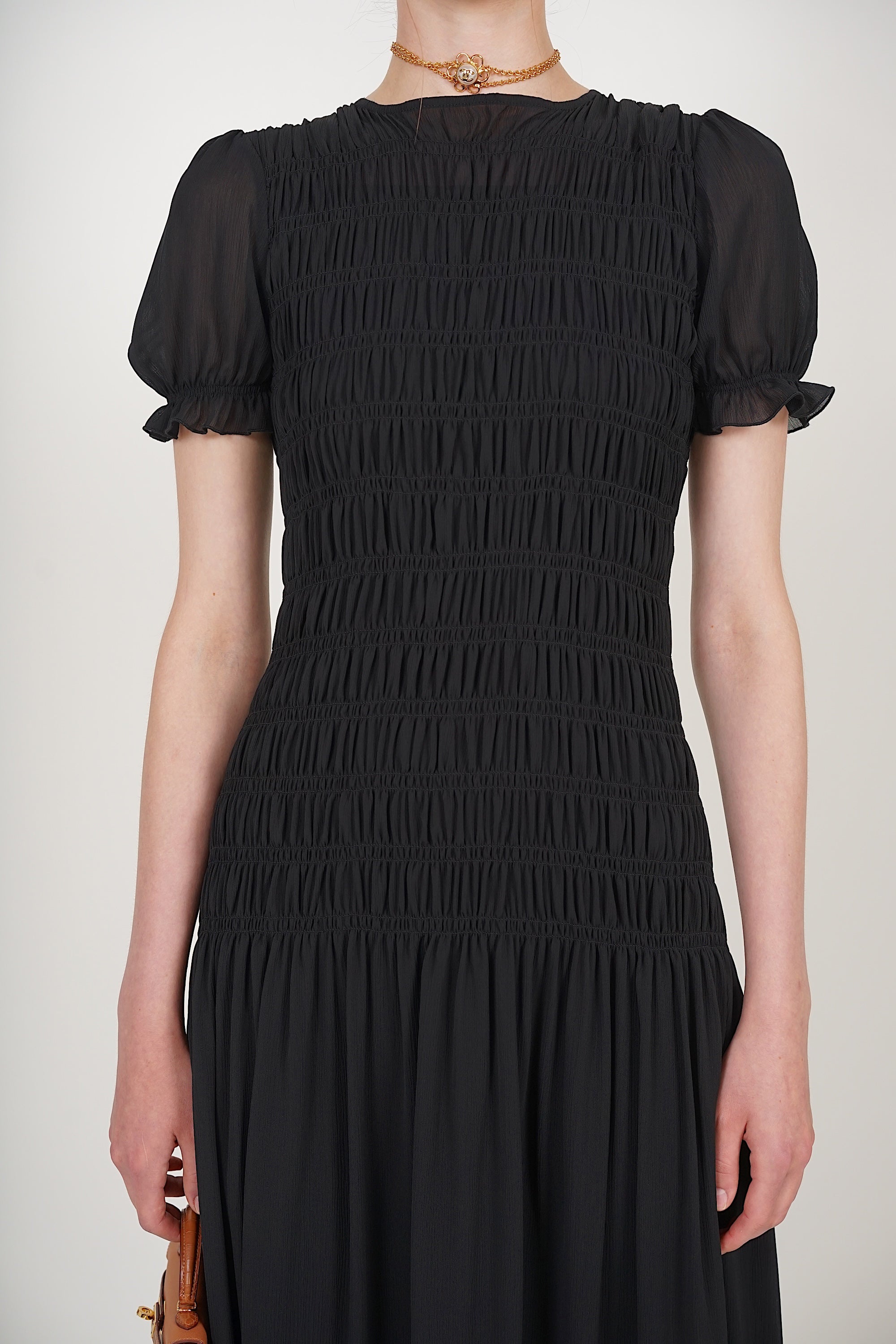 Smocked Flare Dress in Black