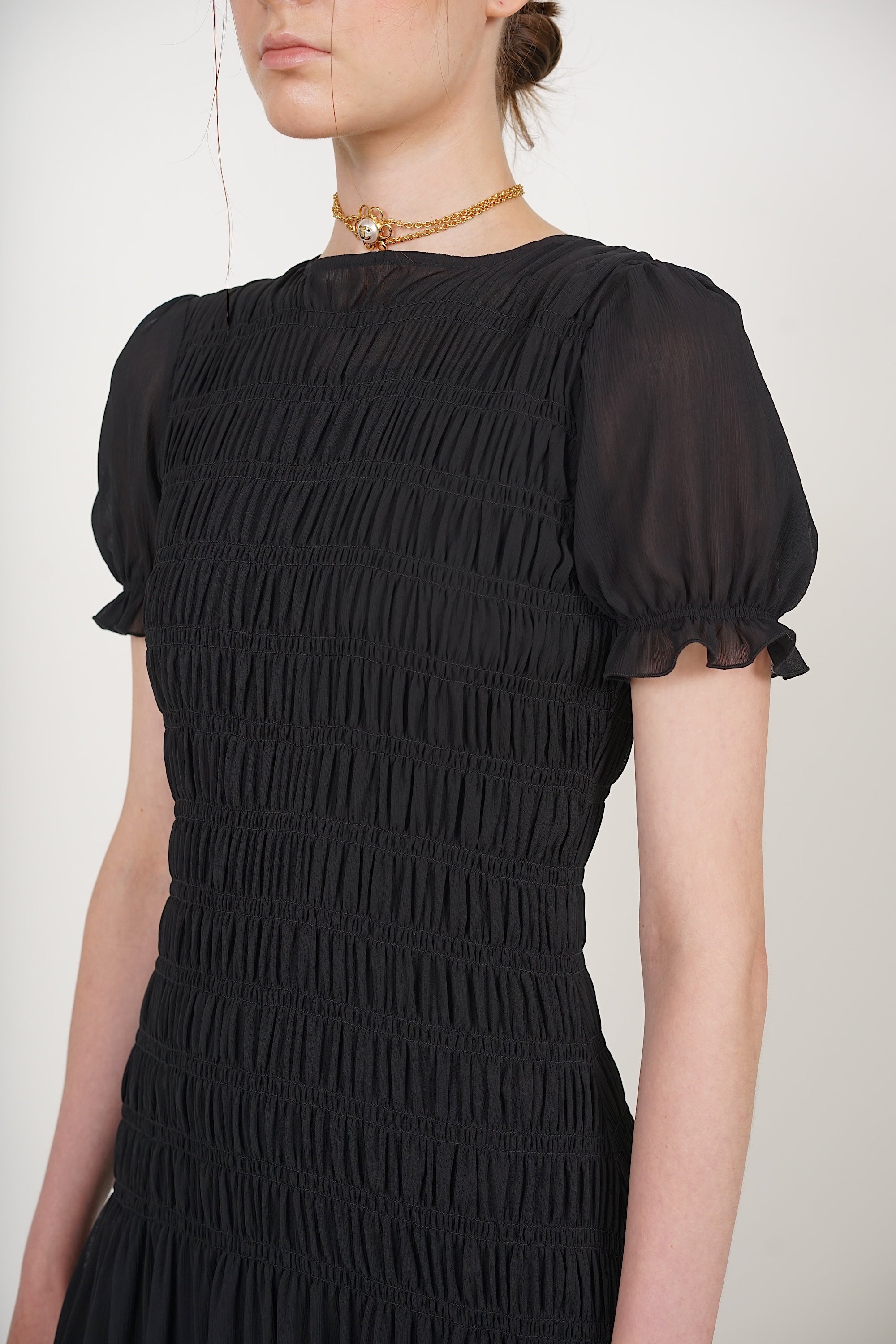 Smocked Flare Dress in Black