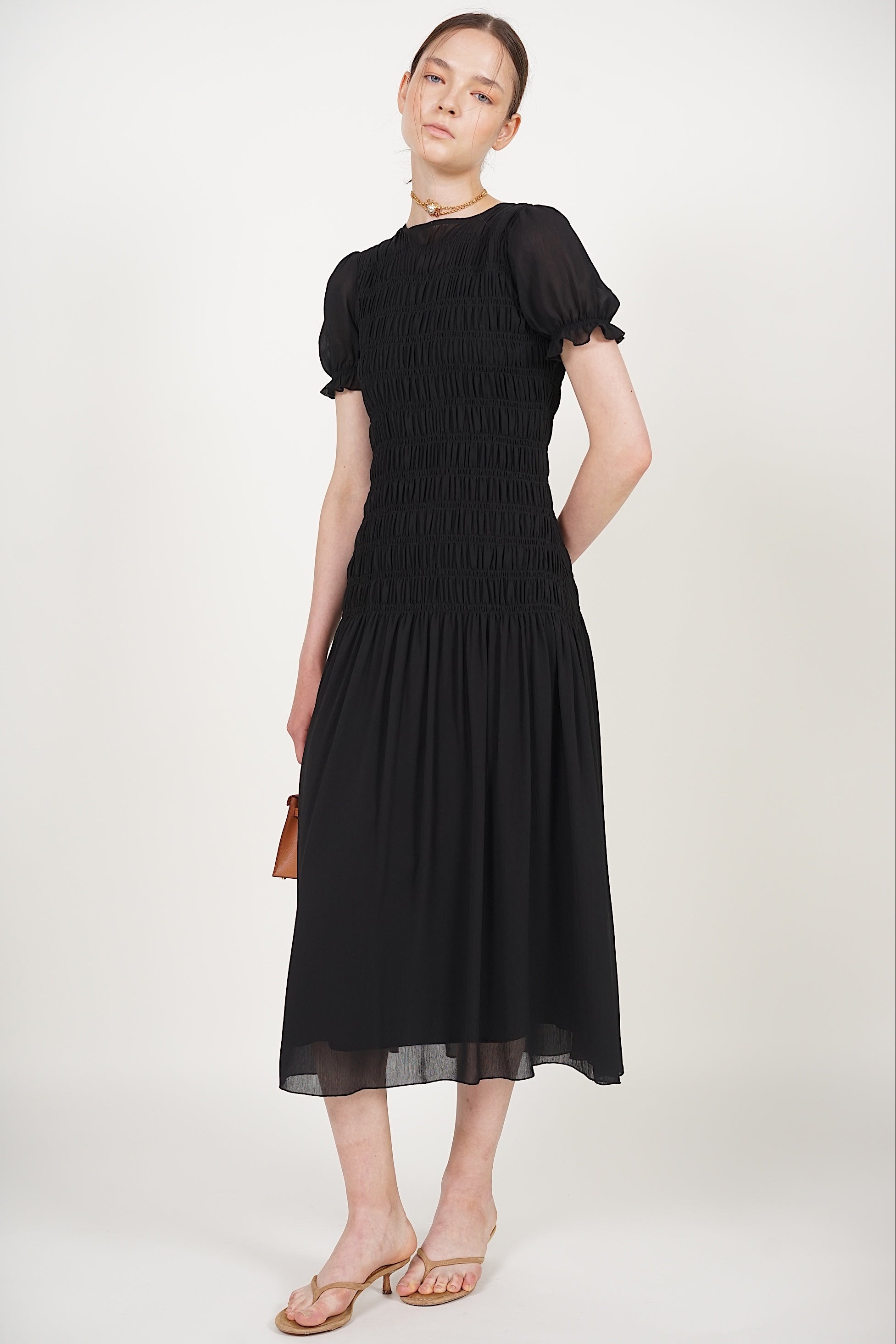 Smocked Flare Dress in Black