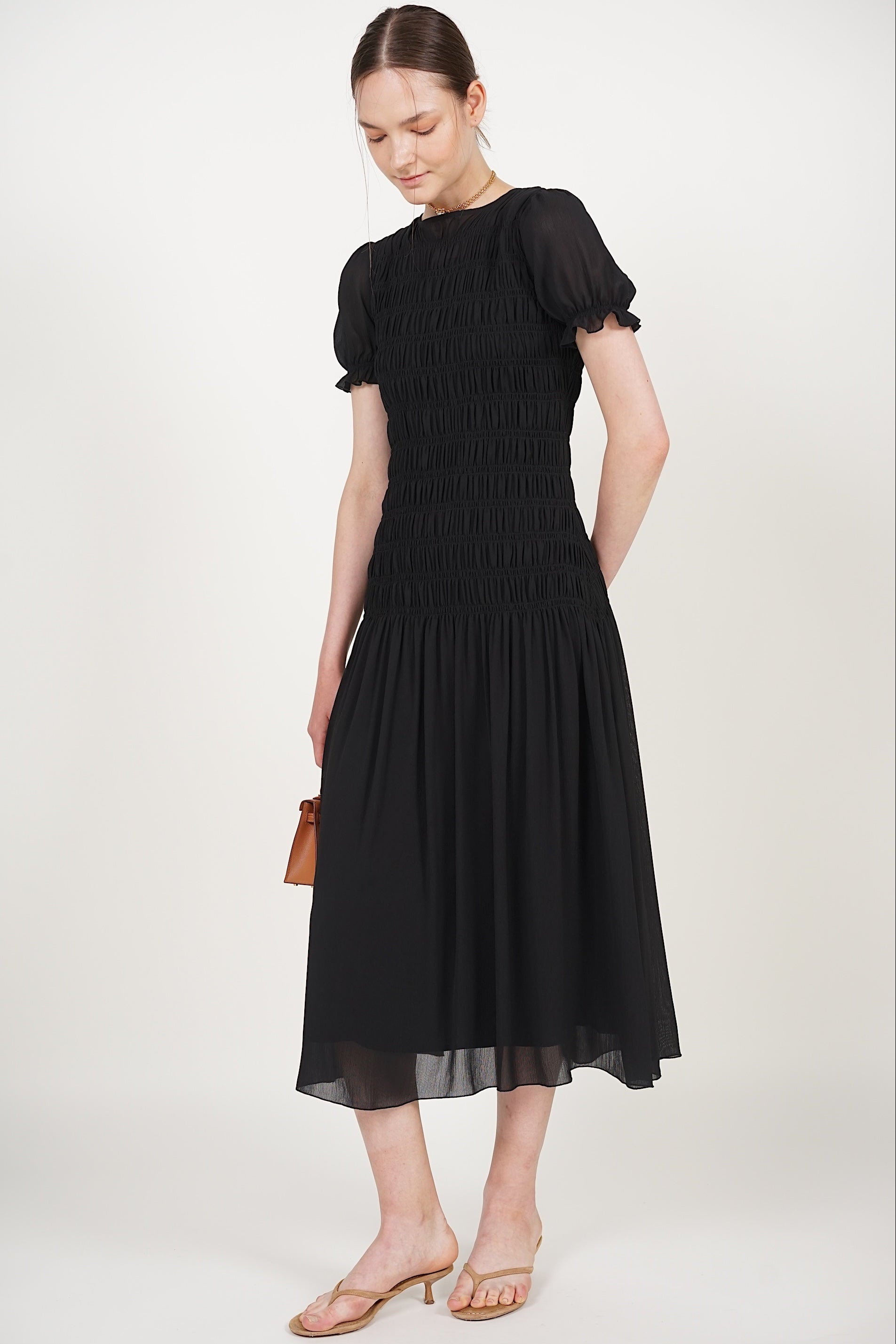 Smocked Flare Dress in Black