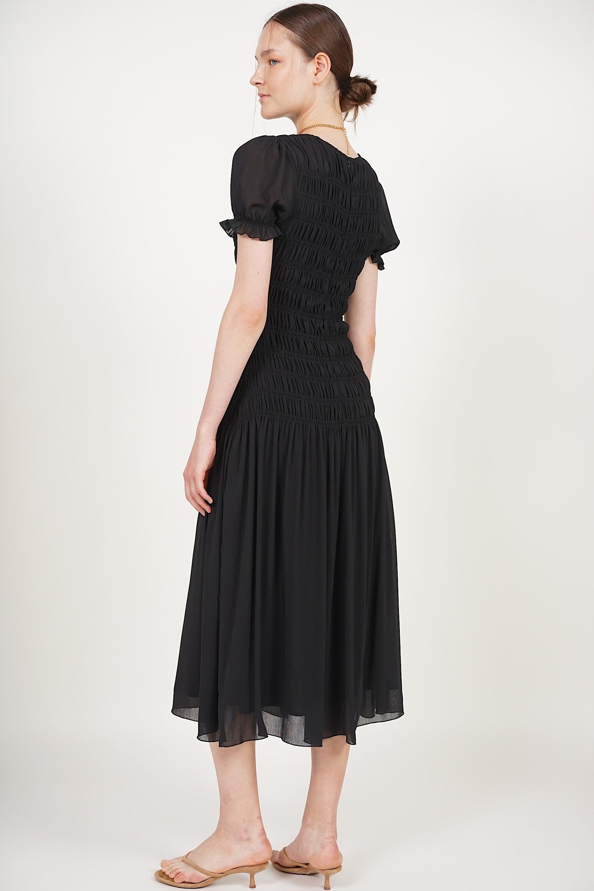 Smocked Flare Dress in Black