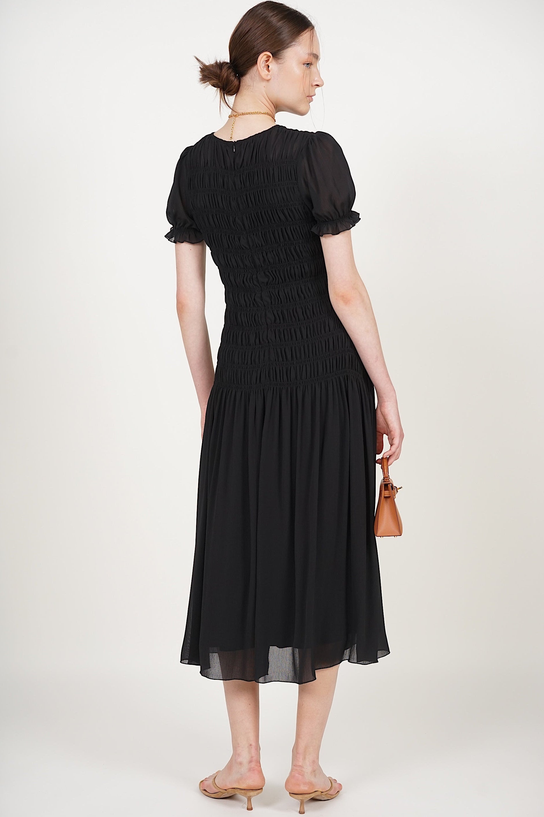 Smocked Flare Dress in Black