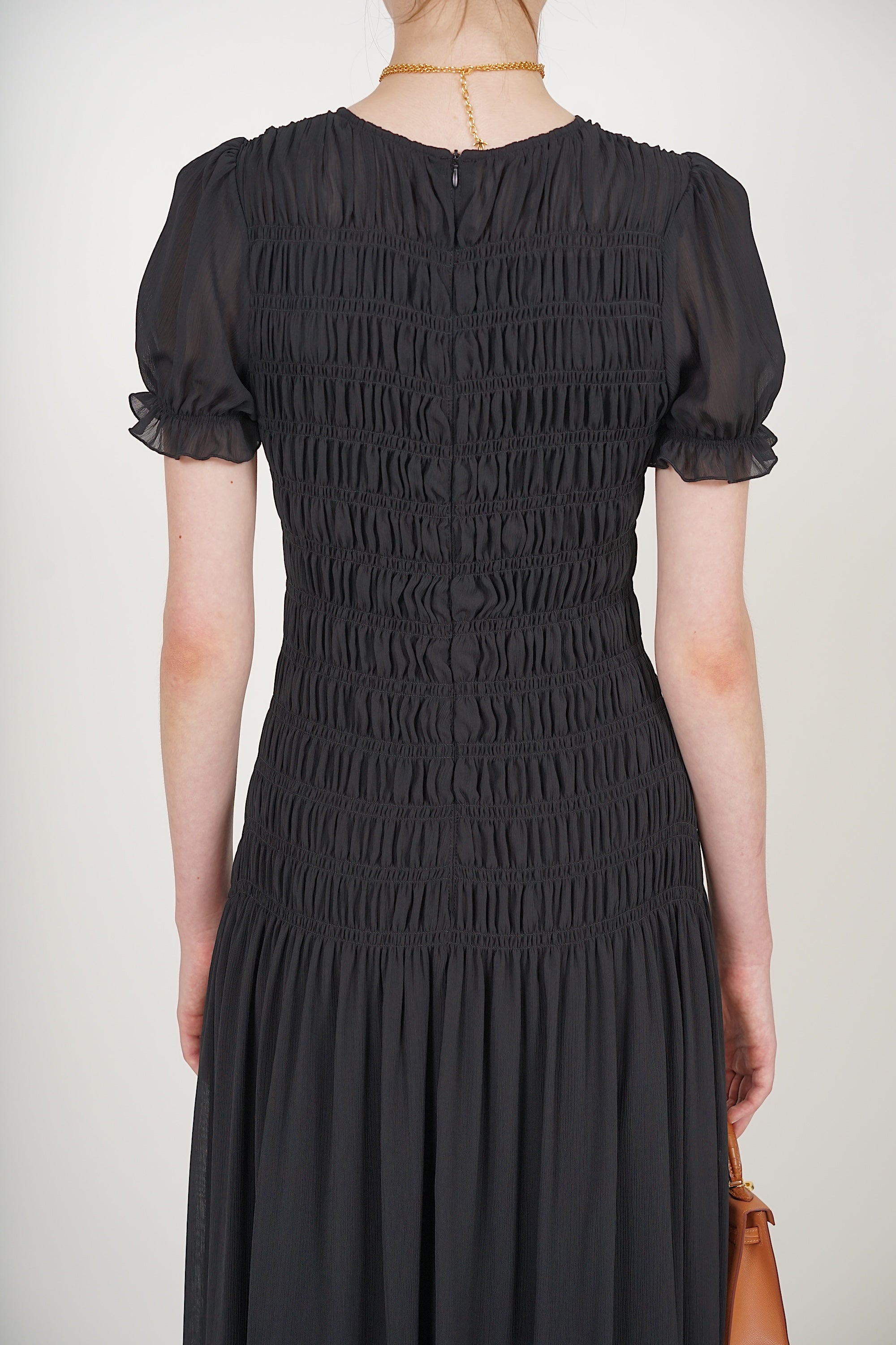 Smocked Flare Dress in Black