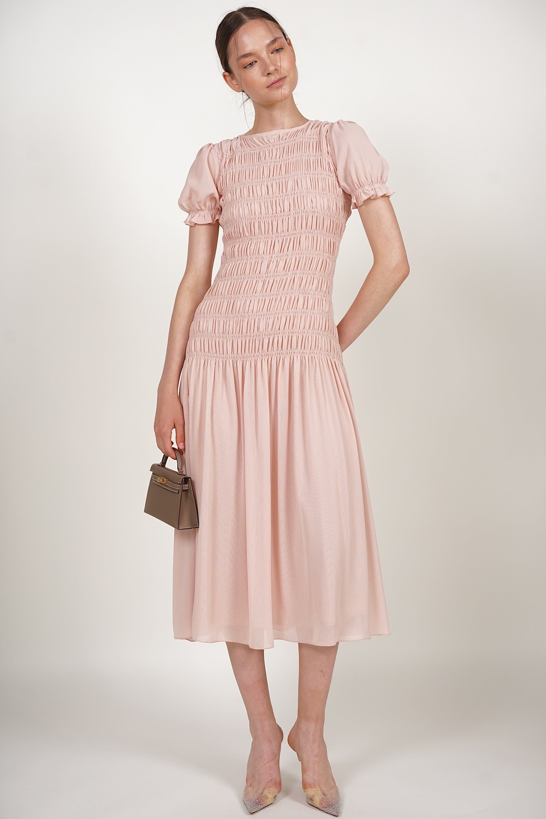 Smocked Flare Dress in Pink