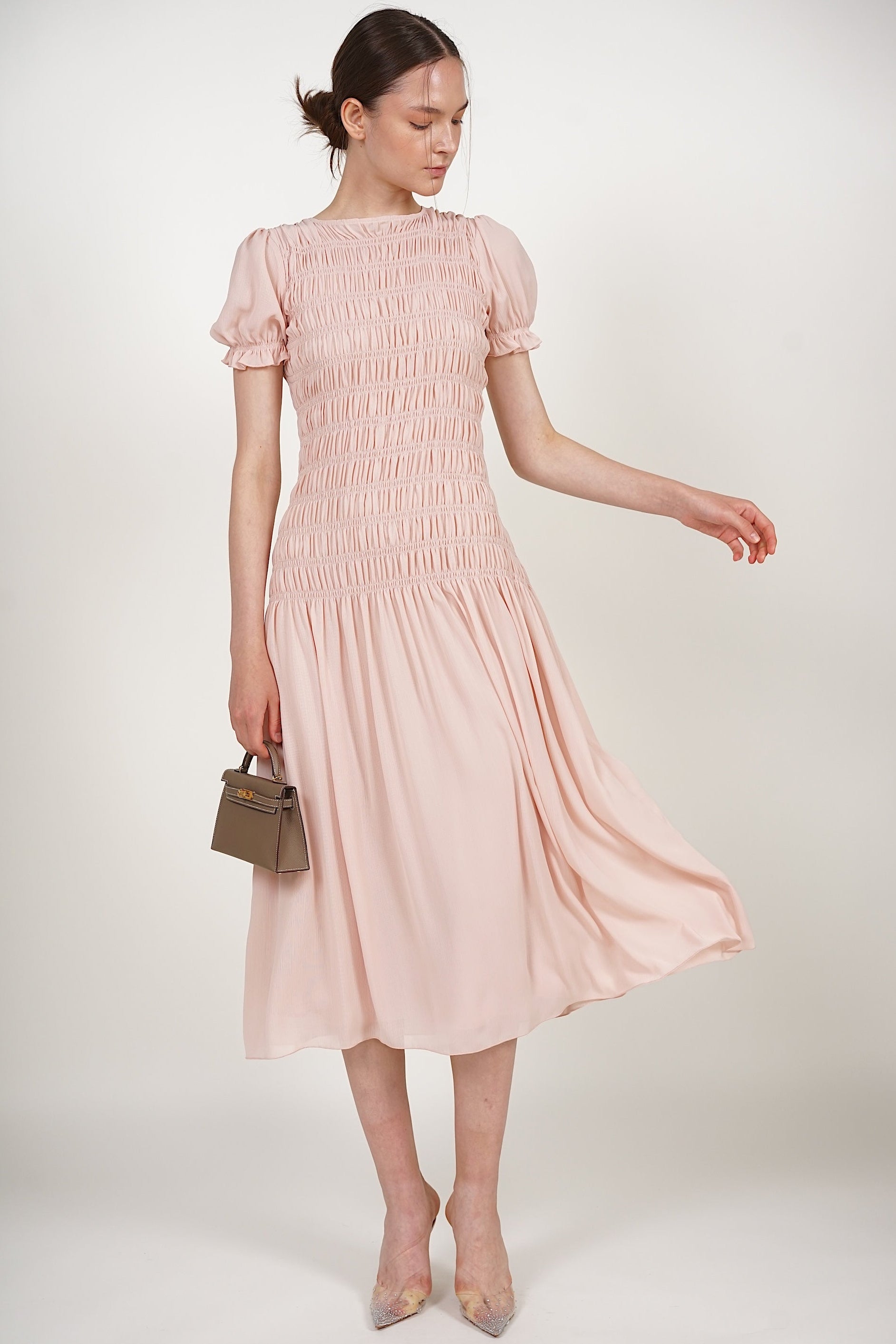 Smocked Flare Dress in Pink