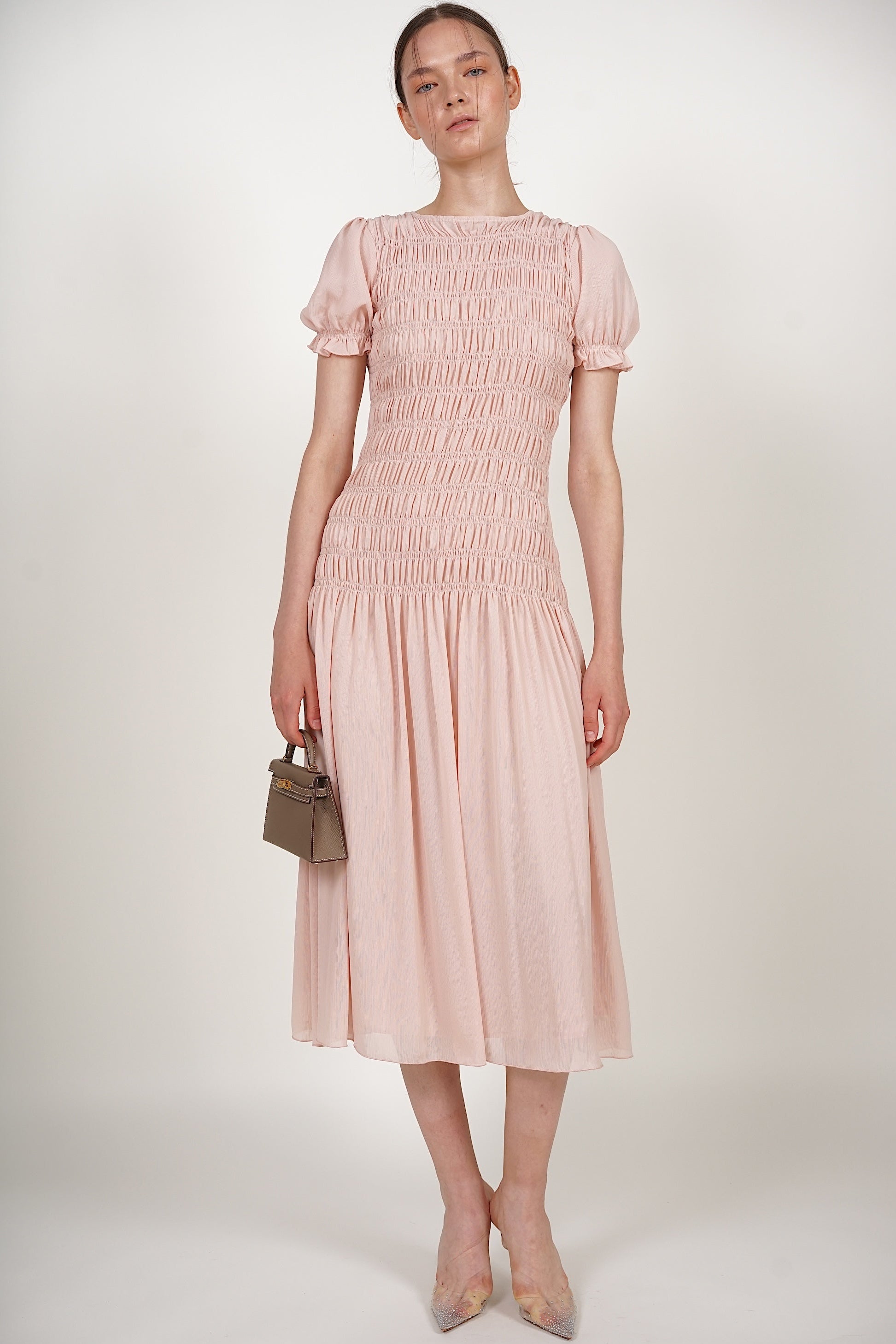 Smocked Flare Dress in Pink