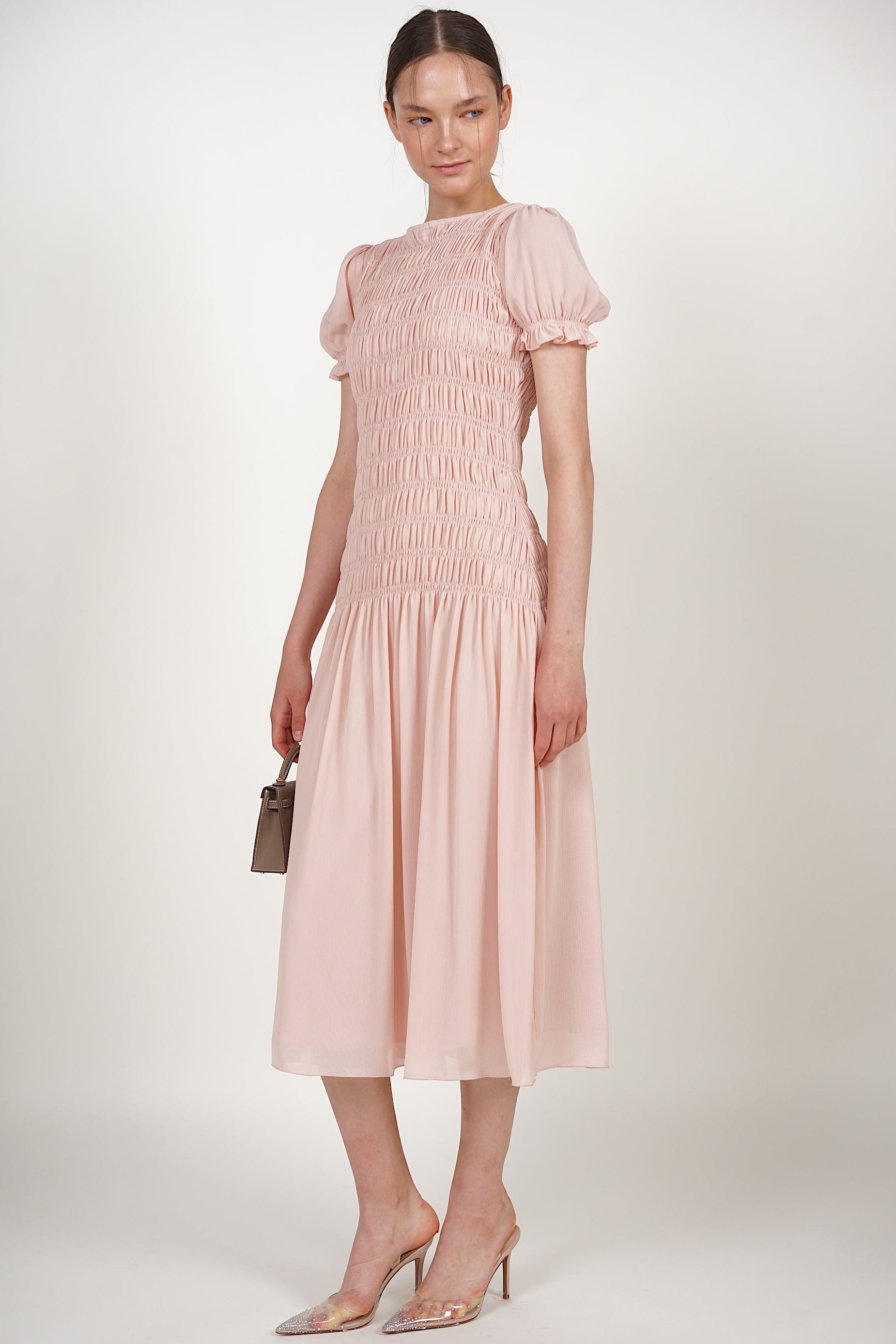 Smocked Flare Dress in Pink