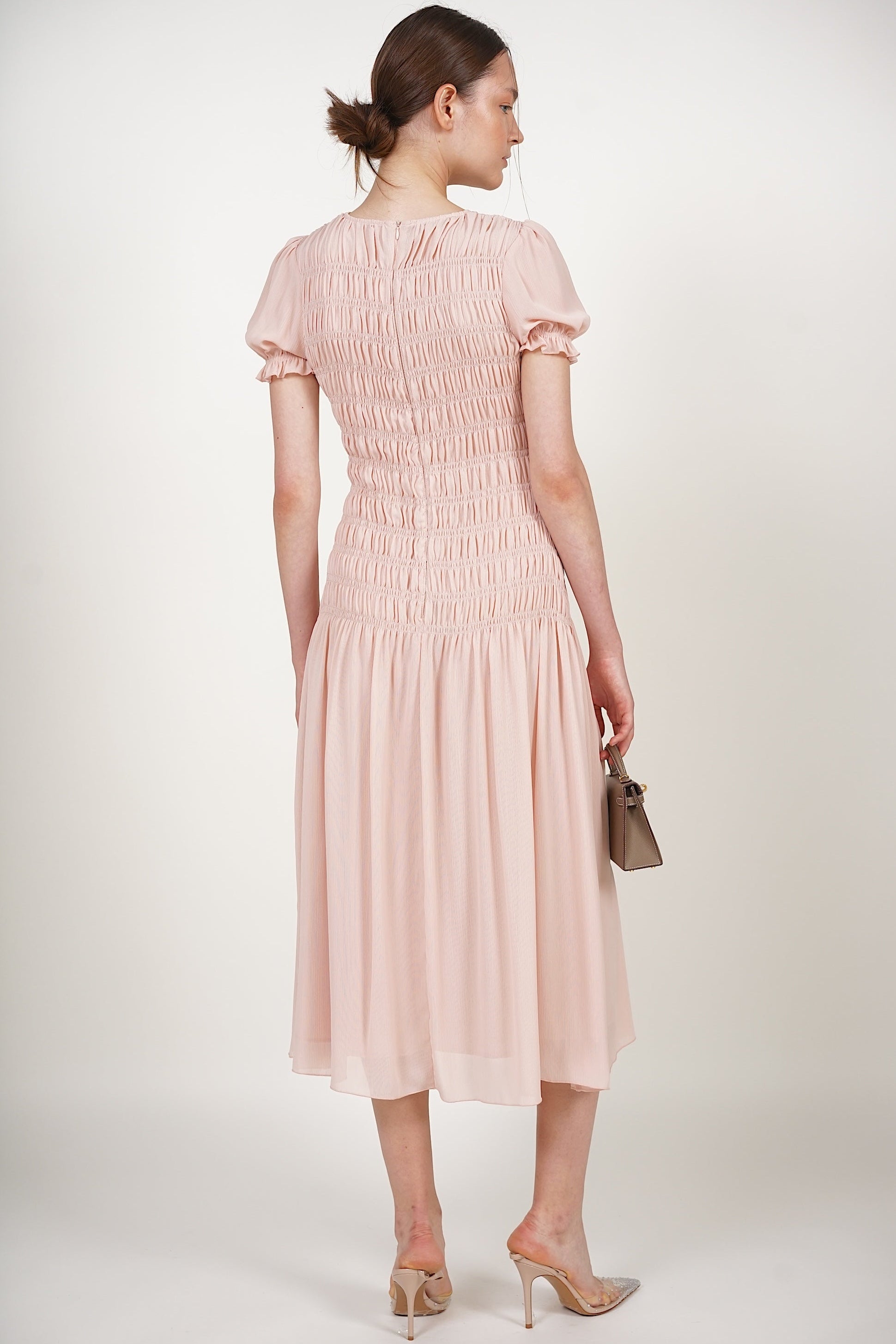 Smocked Flare Dress in Pink