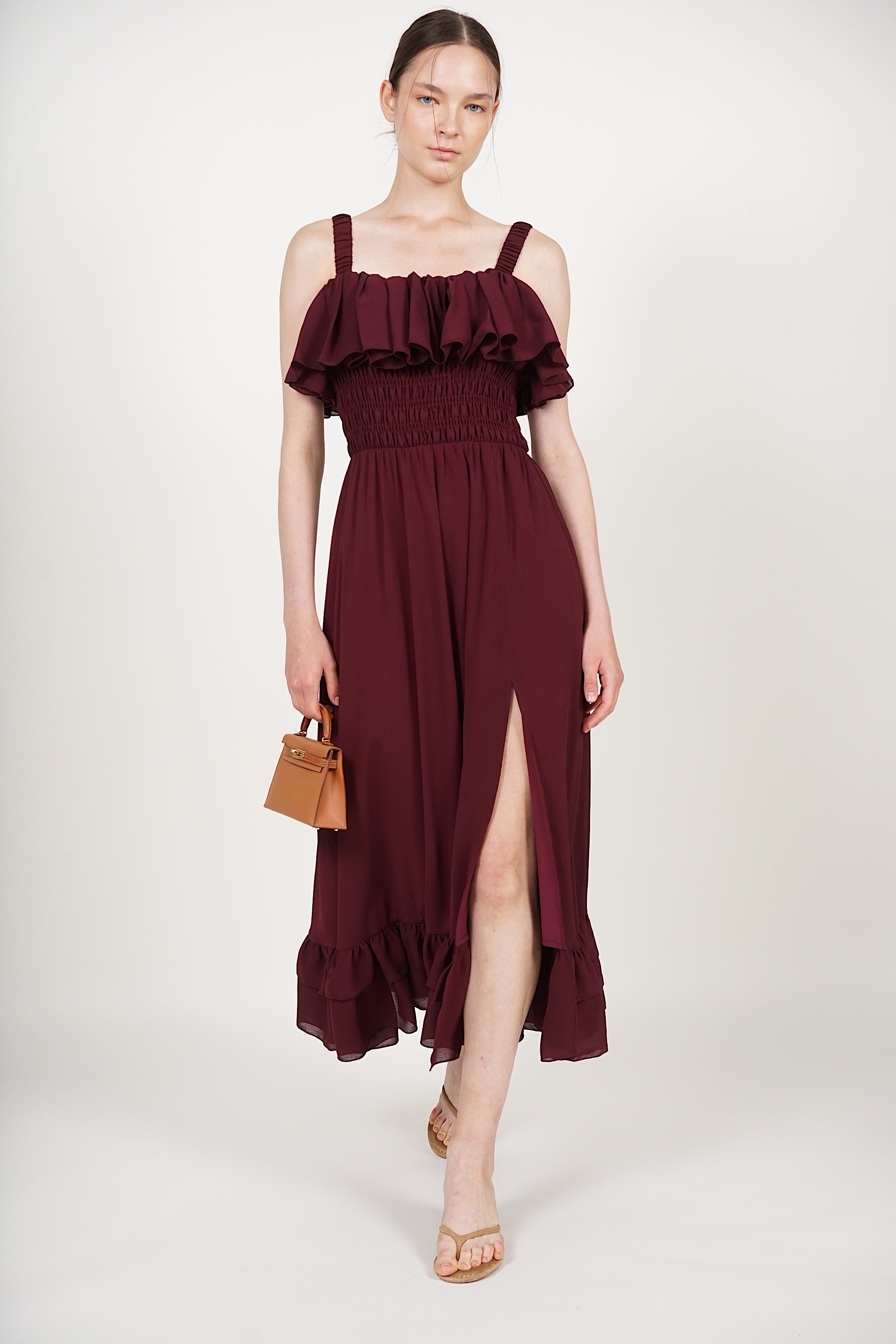 COMING SOON - Ruffle Smocked Slit Dress in Maroon
