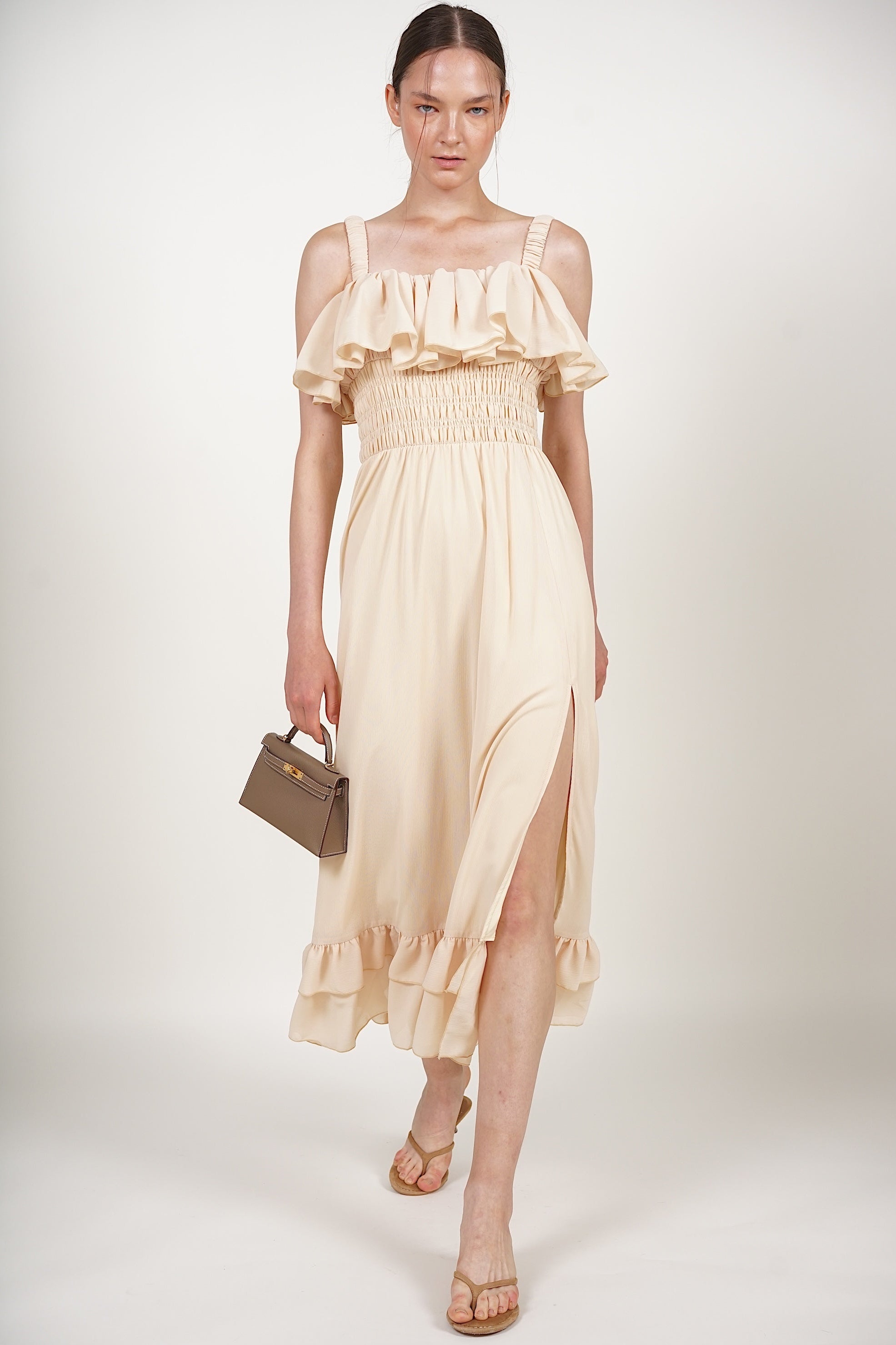 Ruffle Smocked Slit Dress in Buttermilk