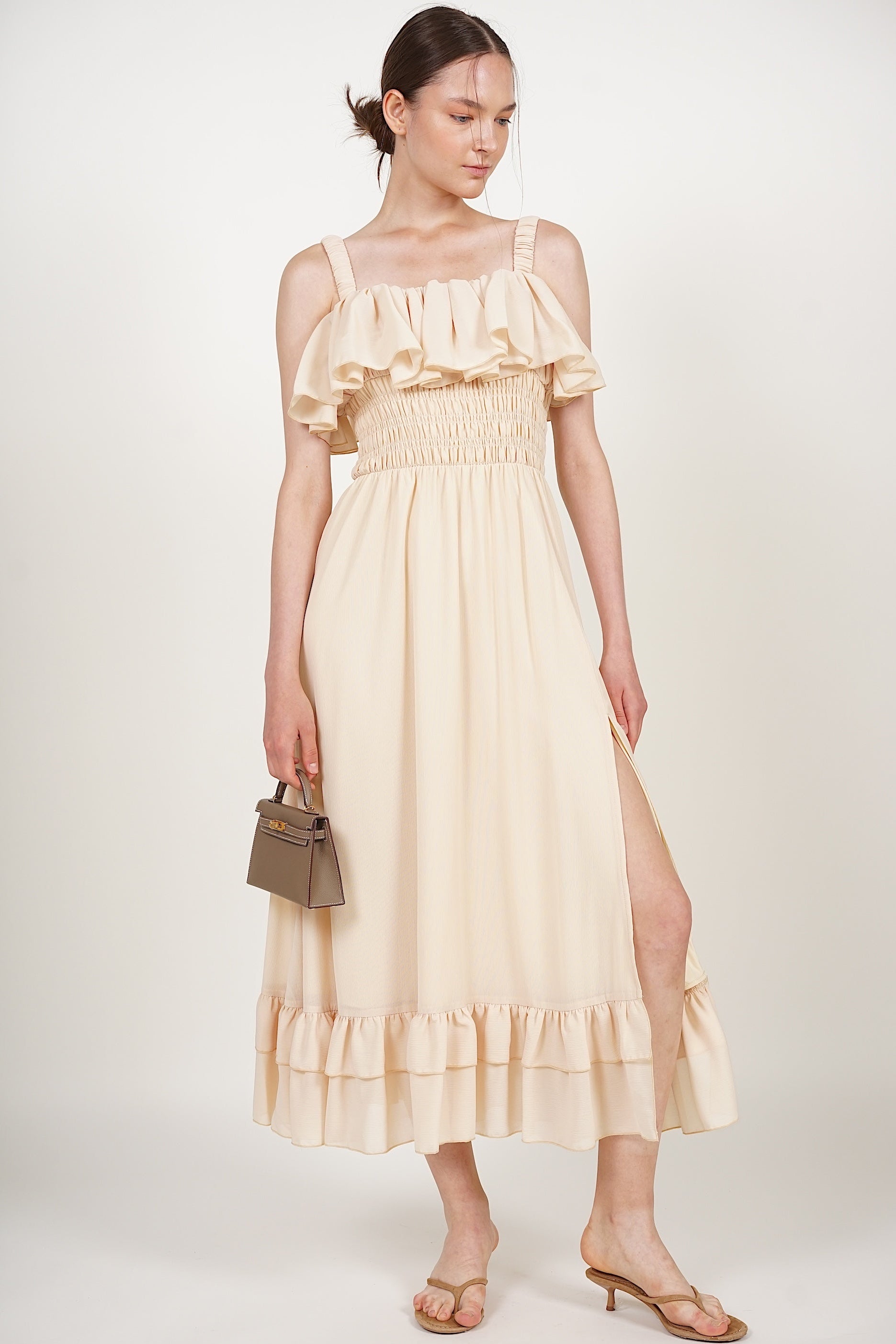 Ruffle Smocked Slit Dress in Buttermilk