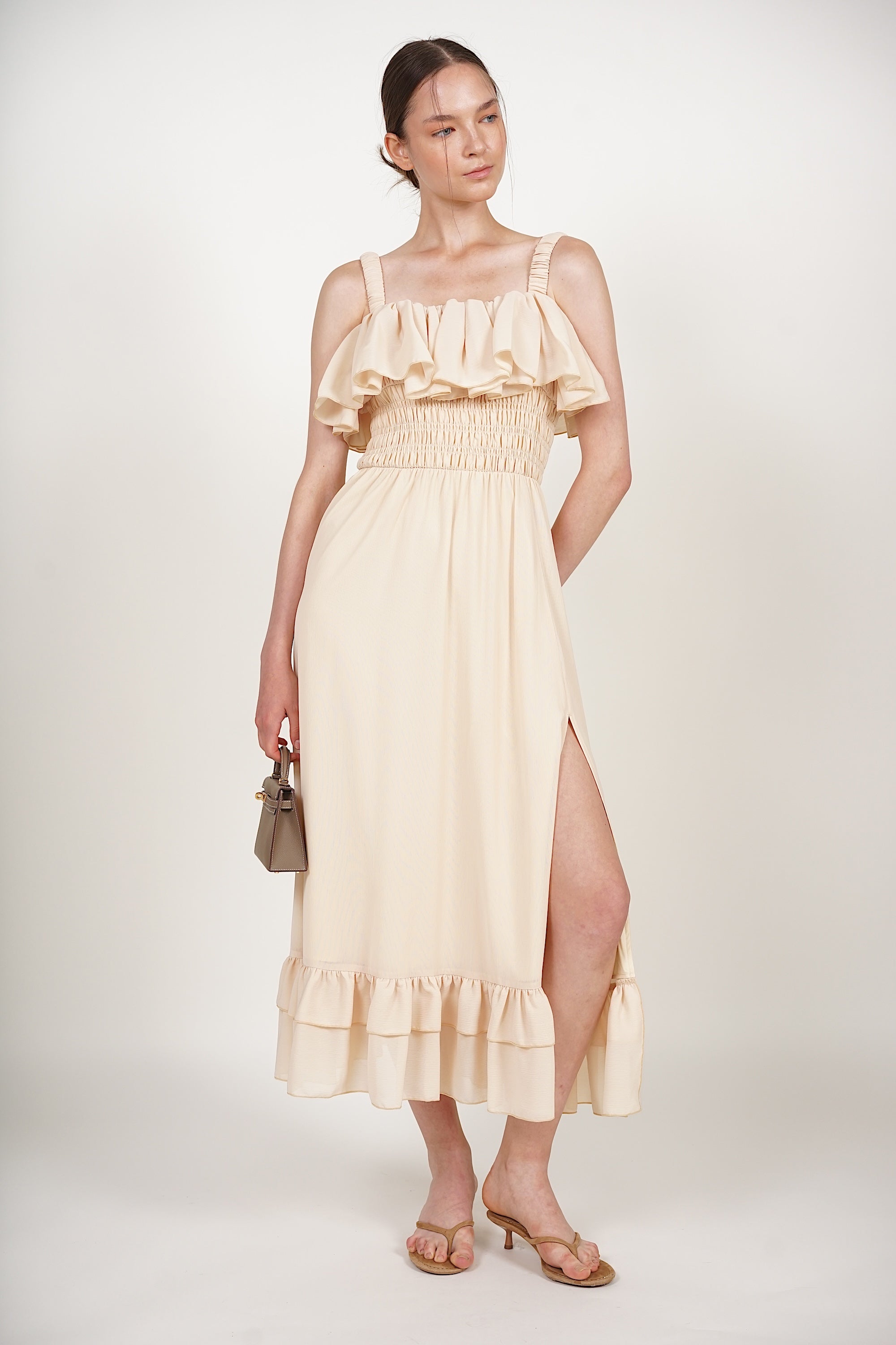 COMING SOON - Ruffle Smocked Slit Dress in Buttermilk