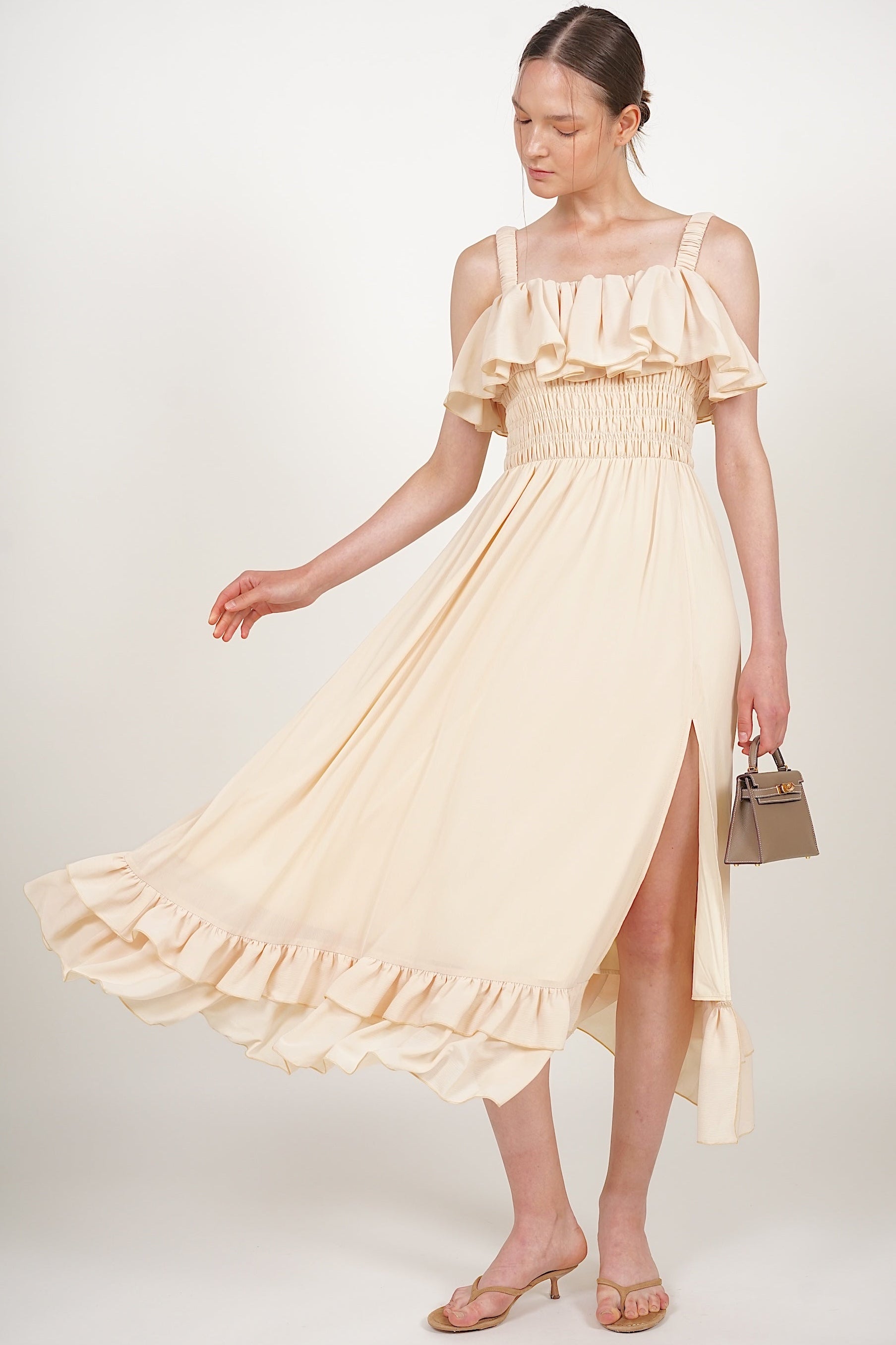Ruffle Smocked Slit Dress in Buttermilk