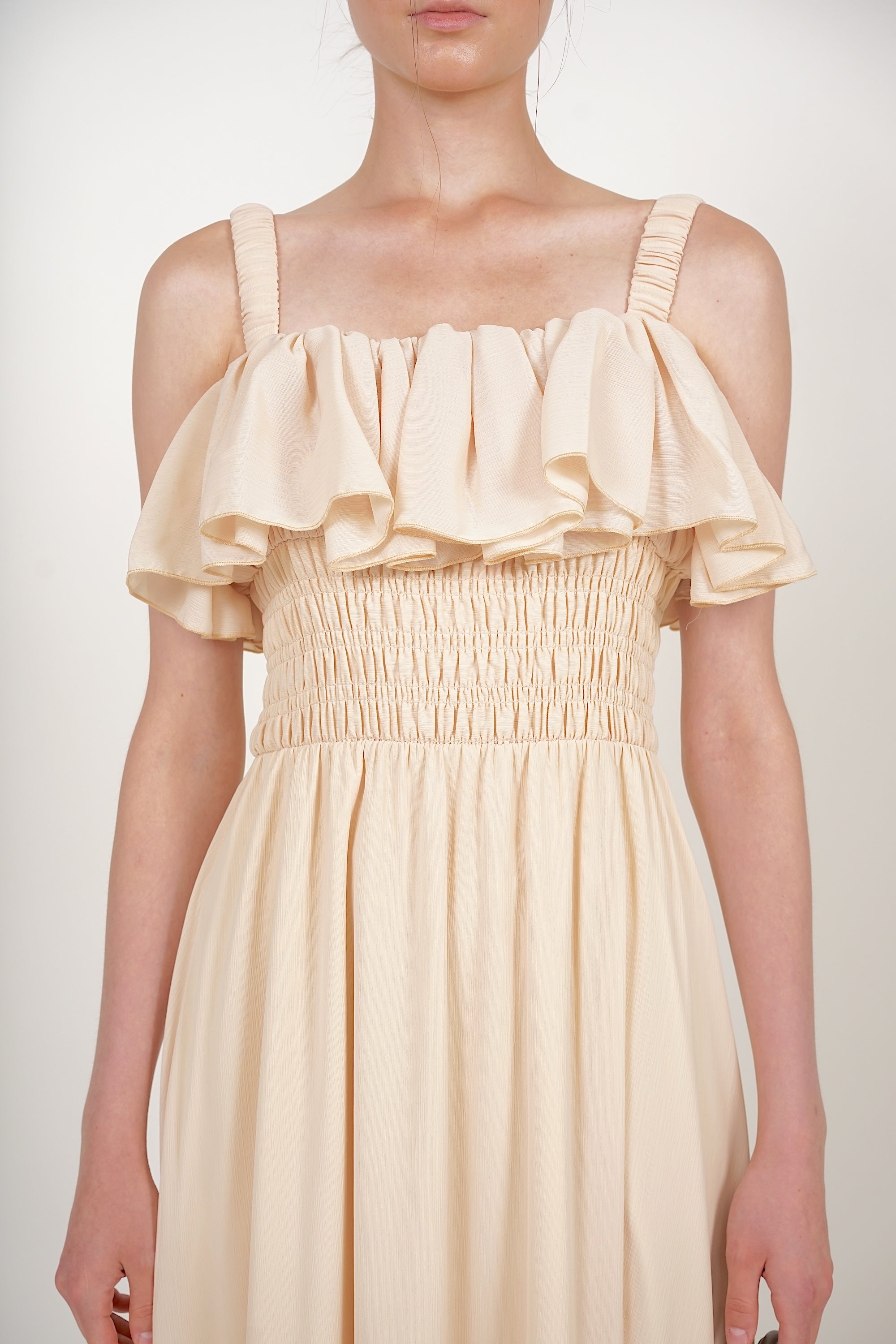 Ruffle Smocked Slit Dress in Buttermilk