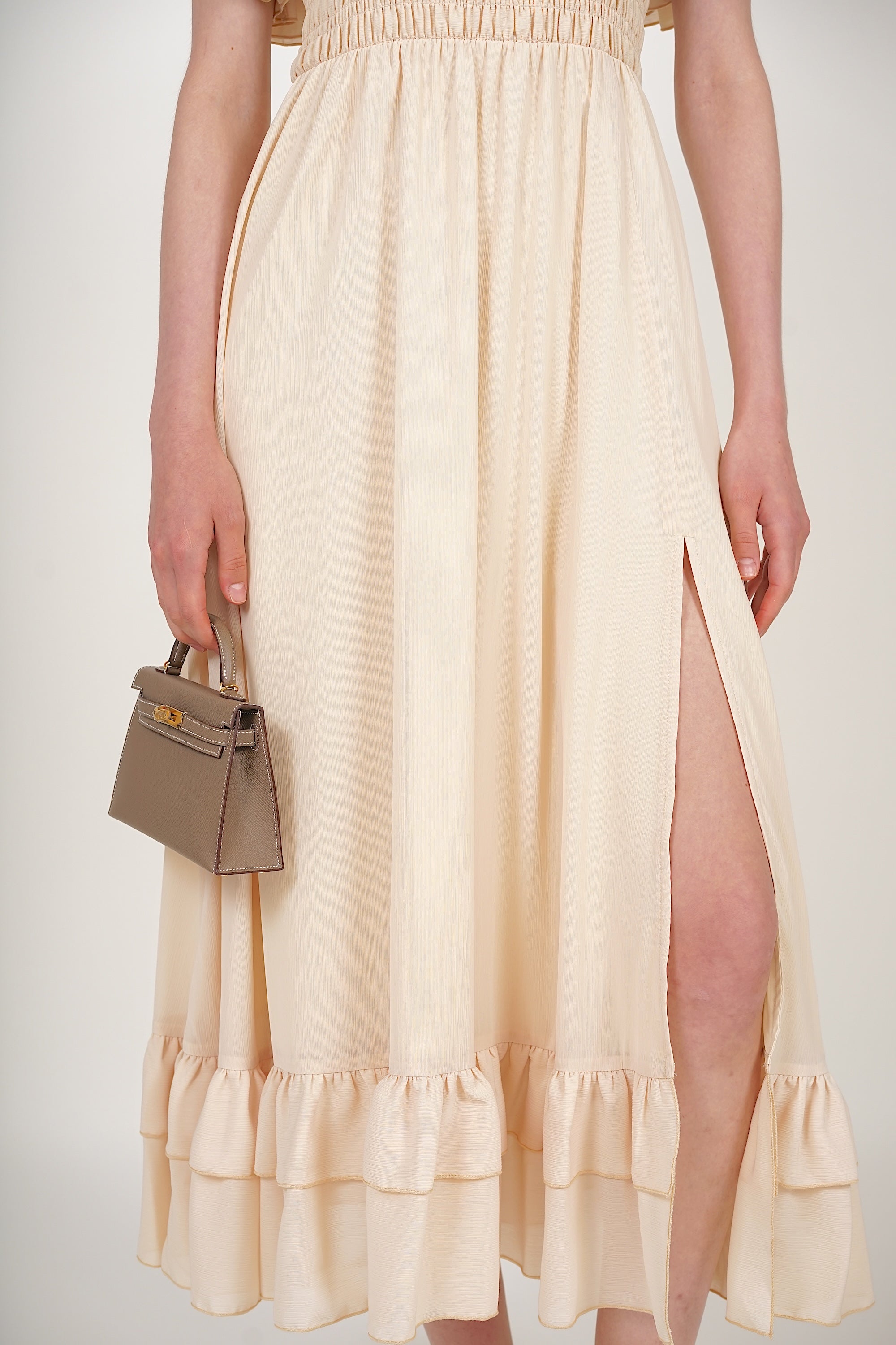 Ruffle Smocked Slit Dress in Buttermilk