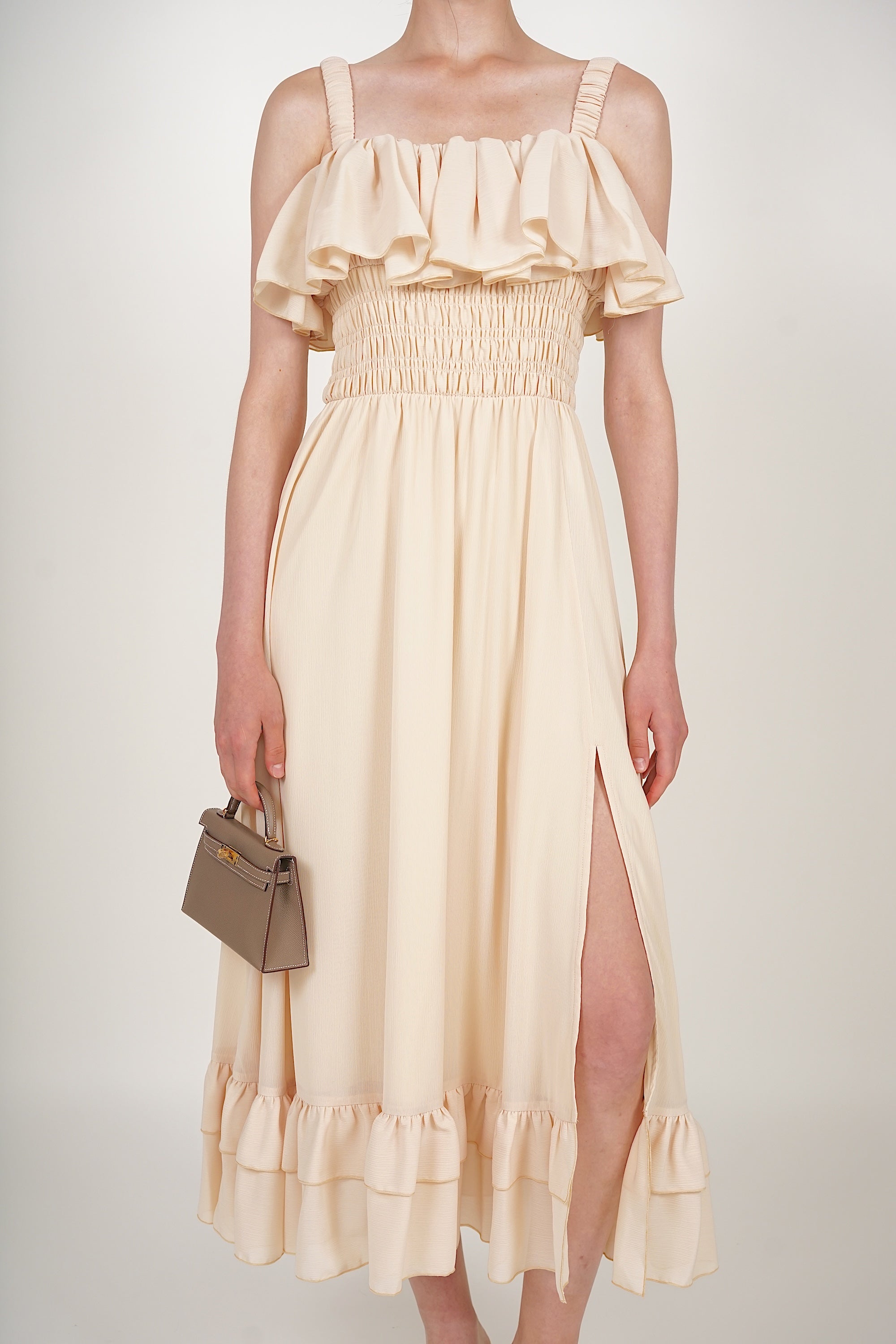 Ruffle Smocked Slit Dress in Buttermilk