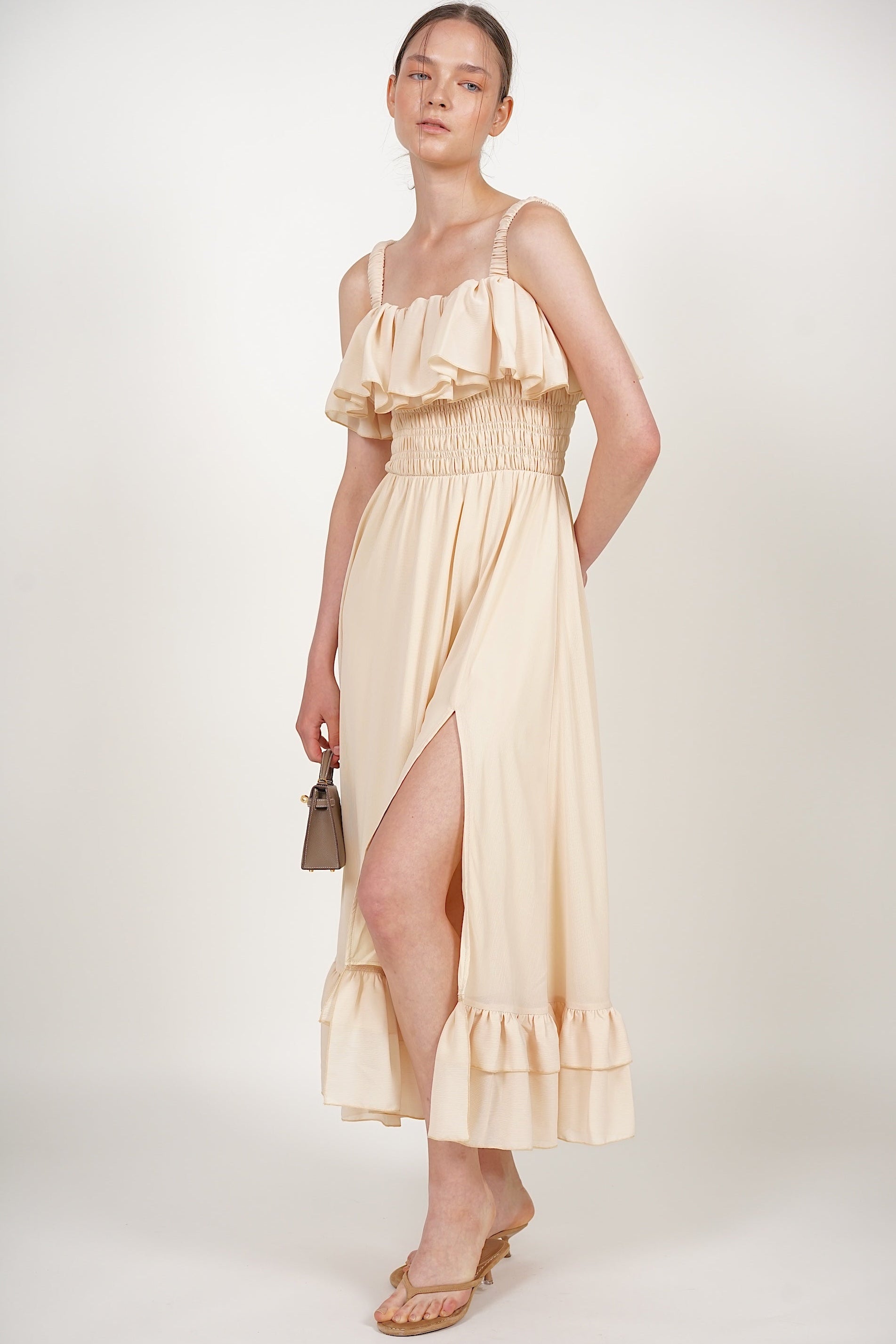 Ruffle Smocked Slit Dress in Buttermilk