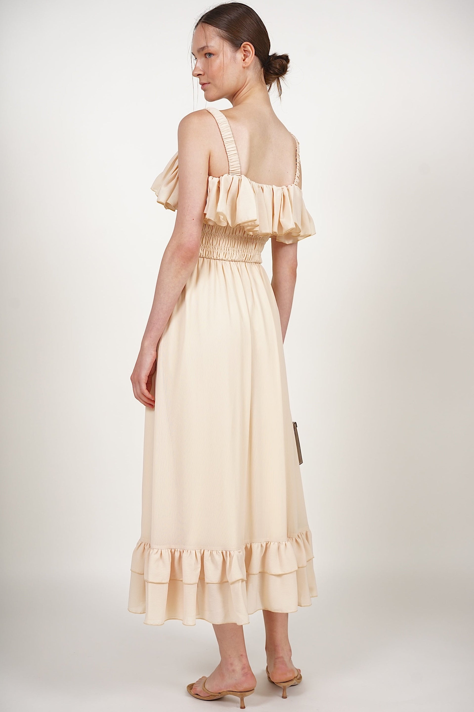 Ruffle Smocked Slit Dress in Buttermilk