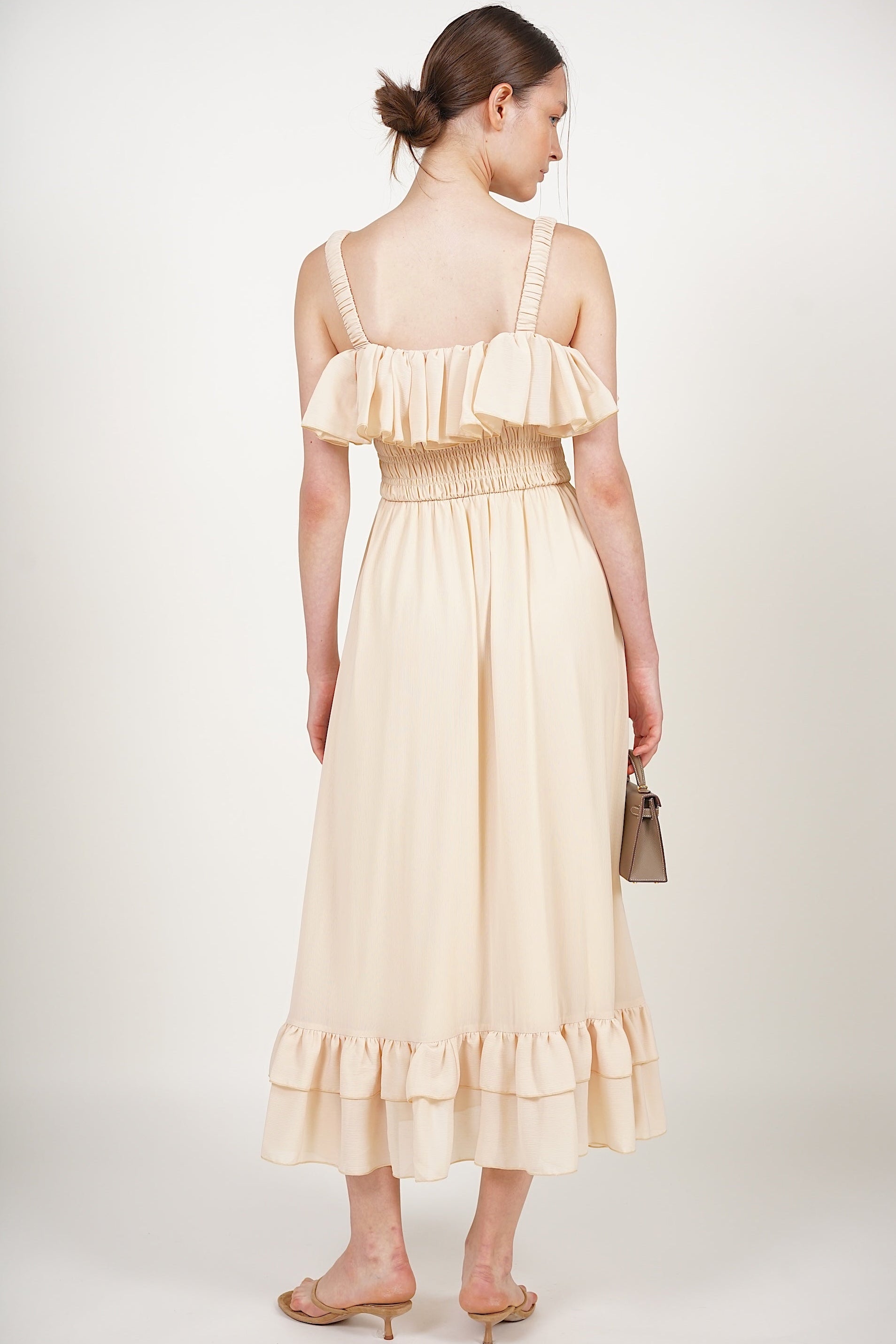 Ruffle Smocked Slit Dress in Buttermilk