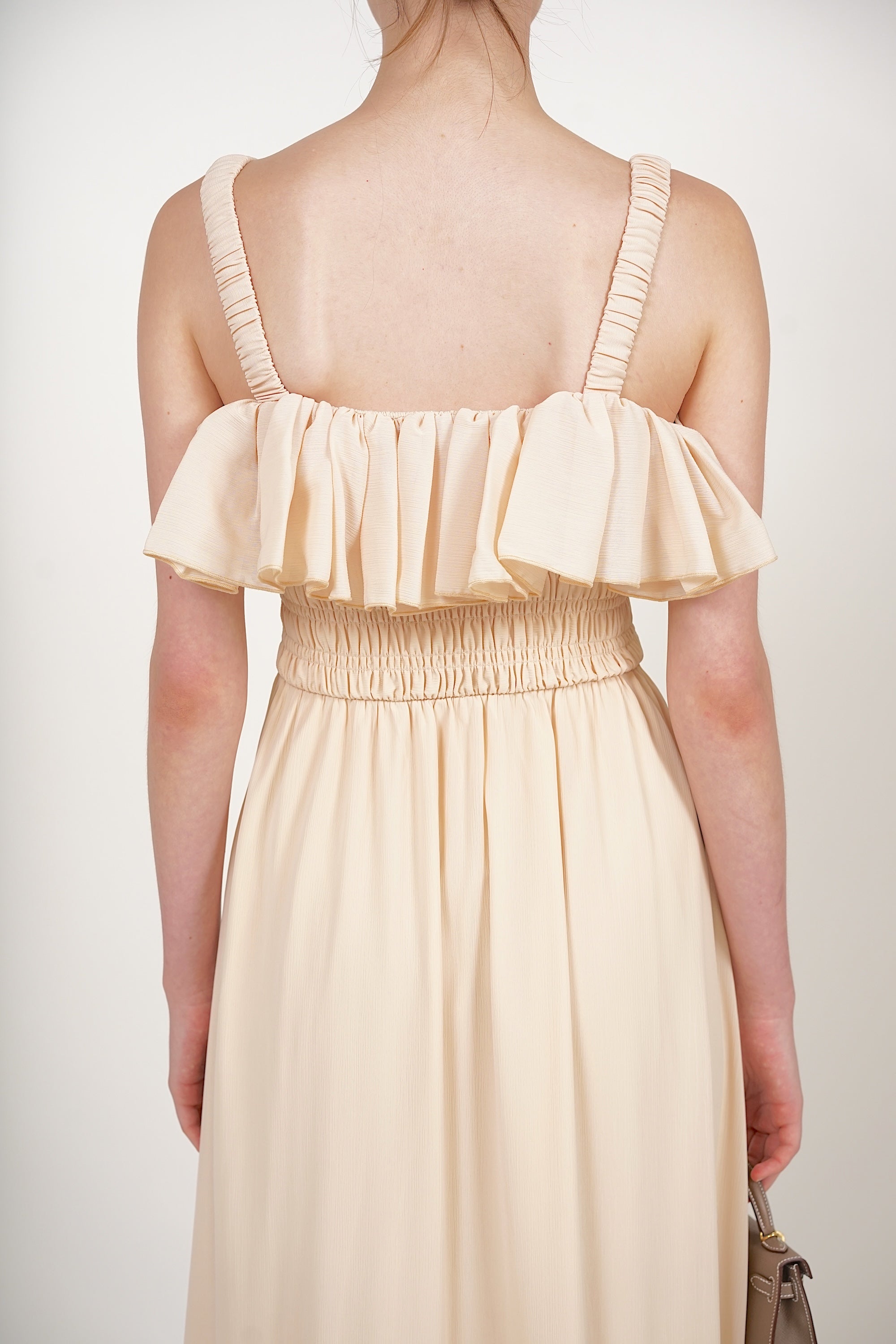 Ruffle Smocked Slit Dress in Buttermilk