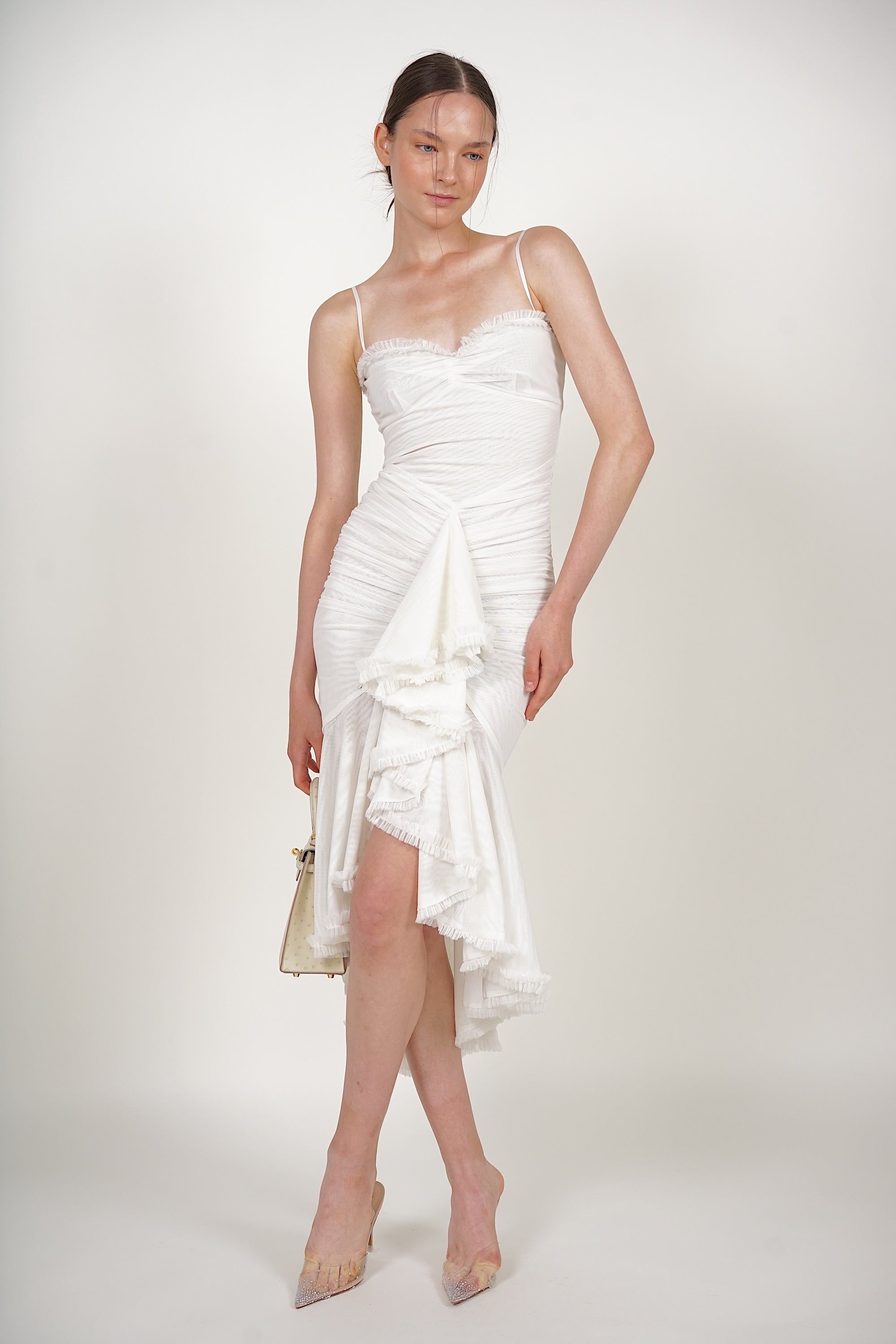 COMING SOON - Ruffle Draped Dress in White