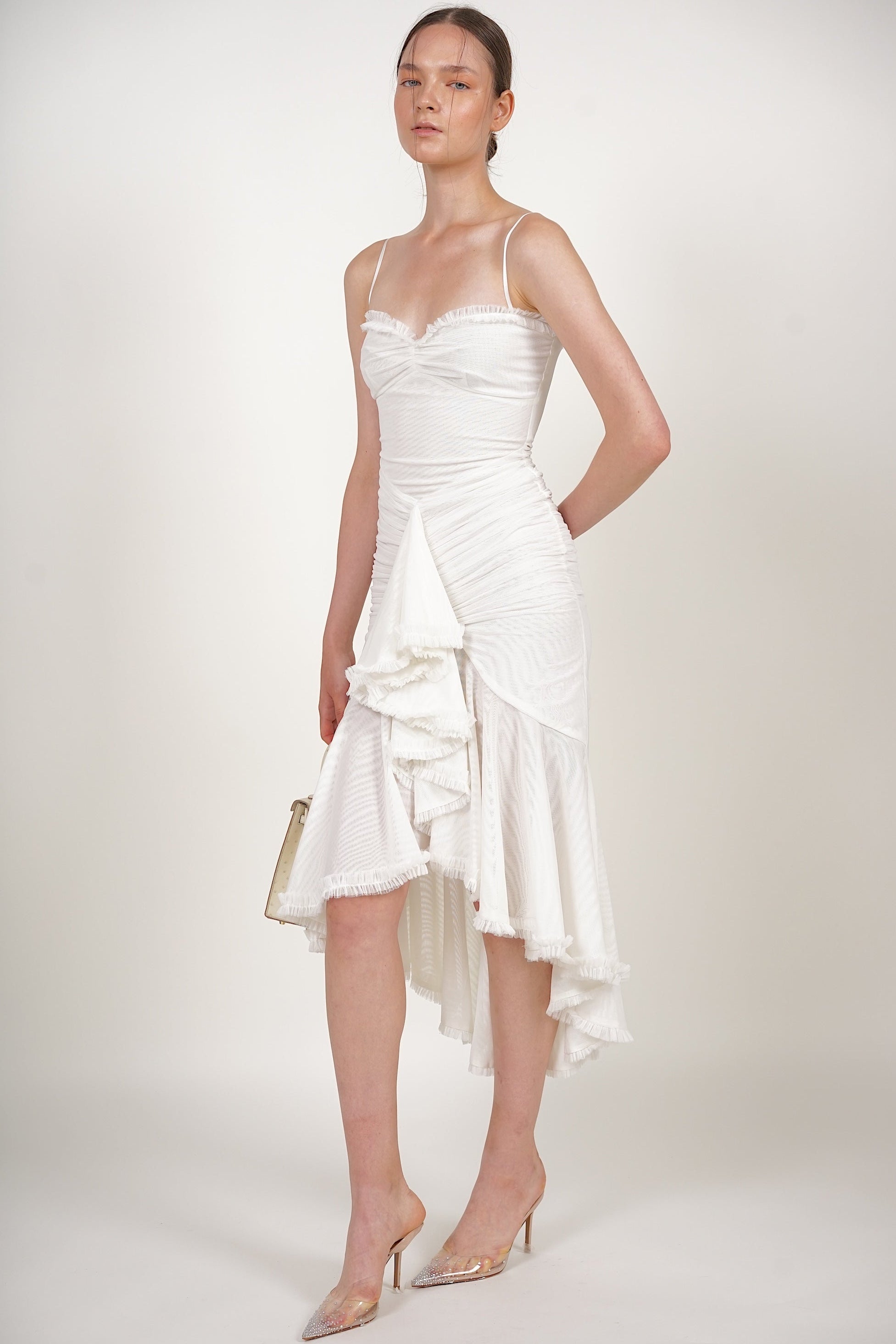 Ruffle Draped Dress in White