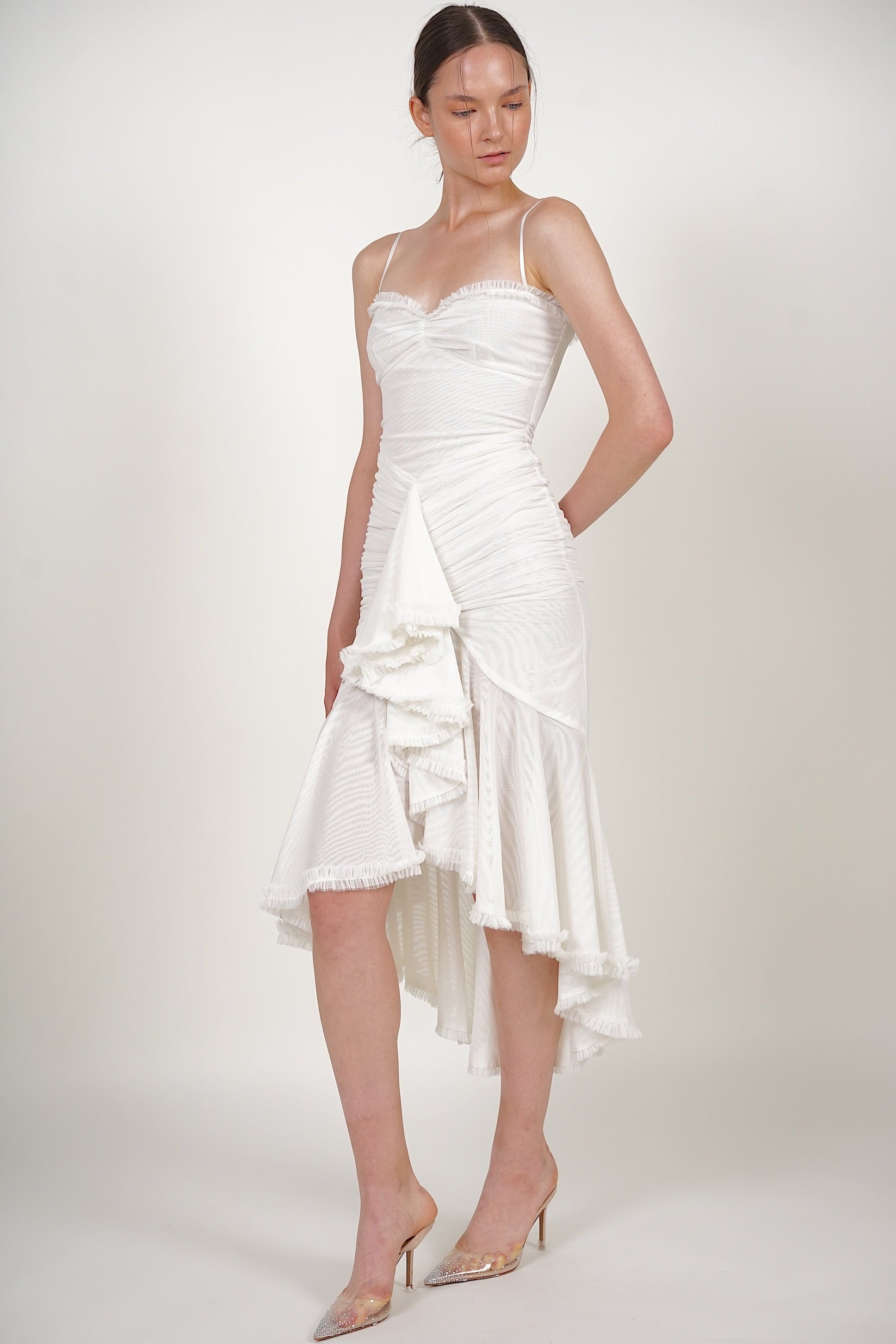 Ruffle Draped Dress in White