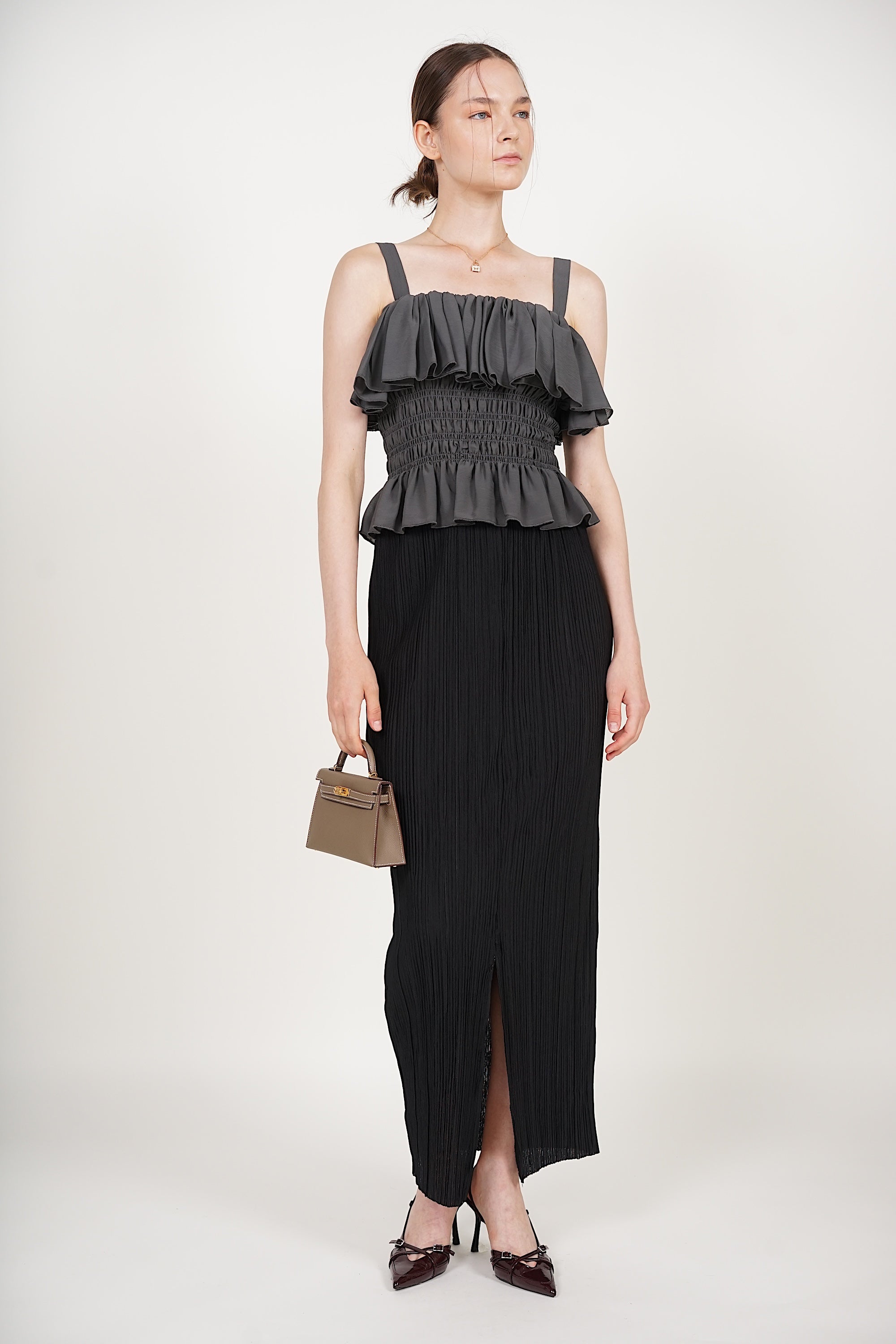 Ruffle Smocked Top in Pebble