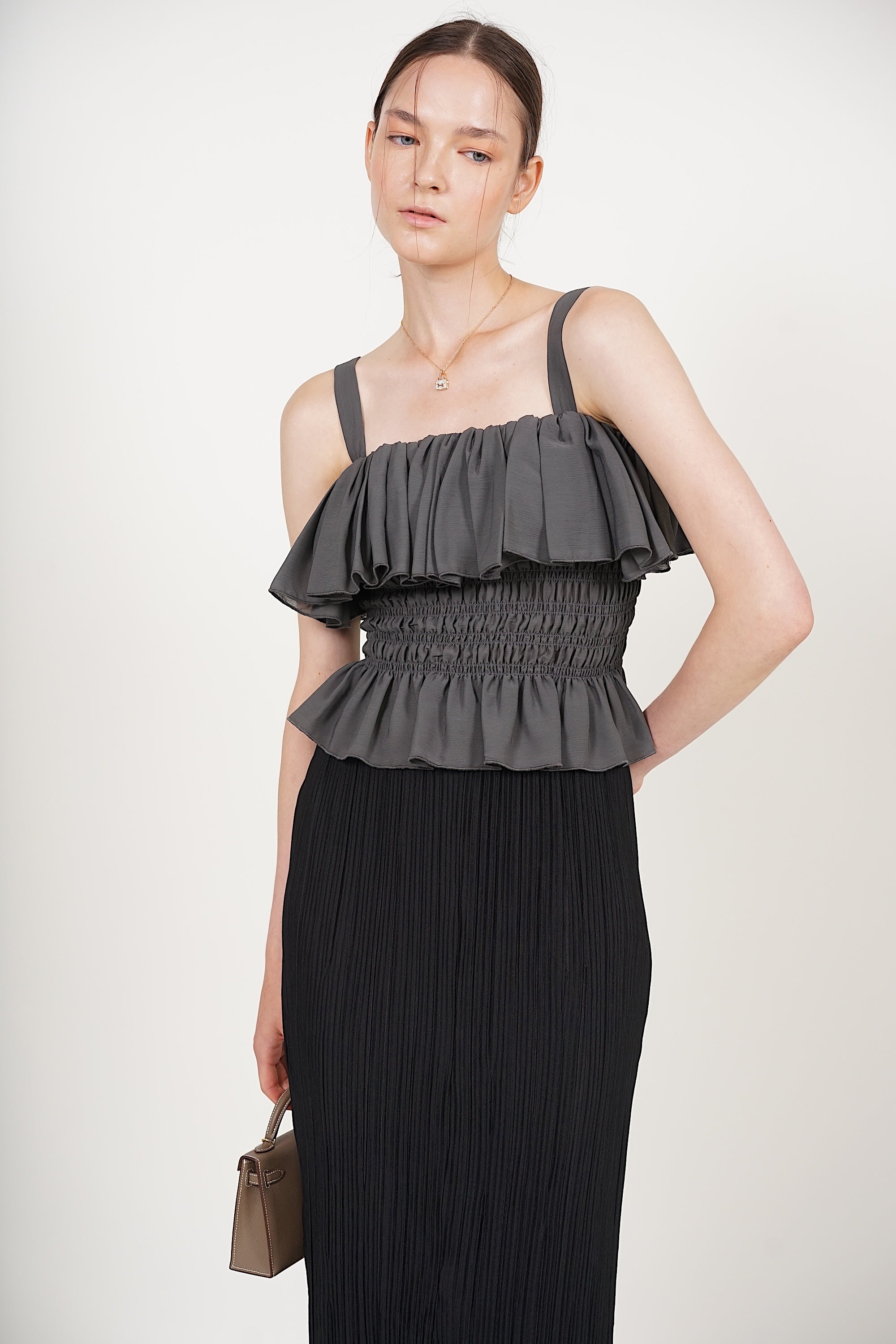 Ruffle Smocked Top in Pebble