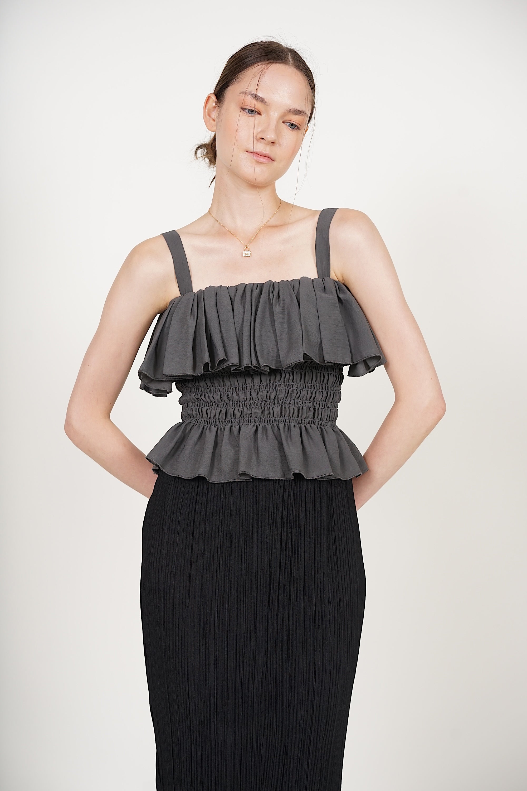 Ruffle Smocked Top in Pebble