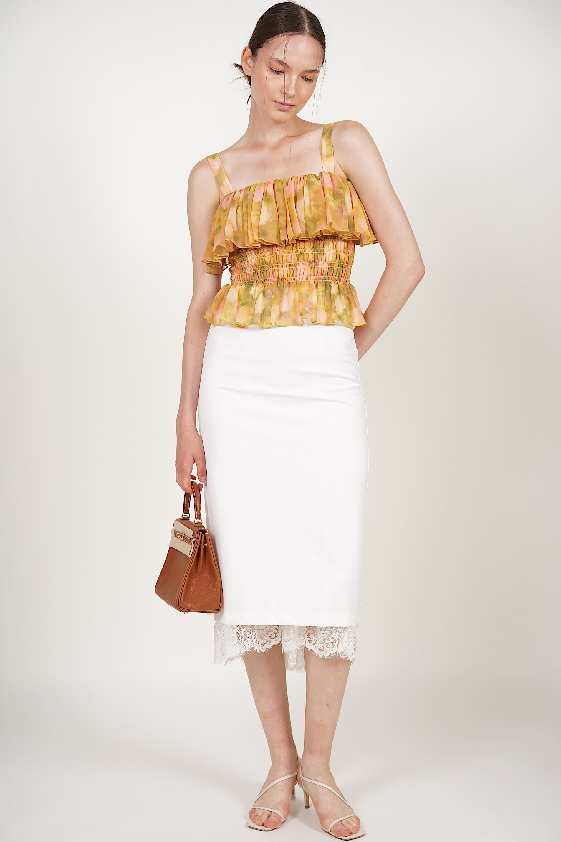 Ruffle Smocked Top in Yellow Floral