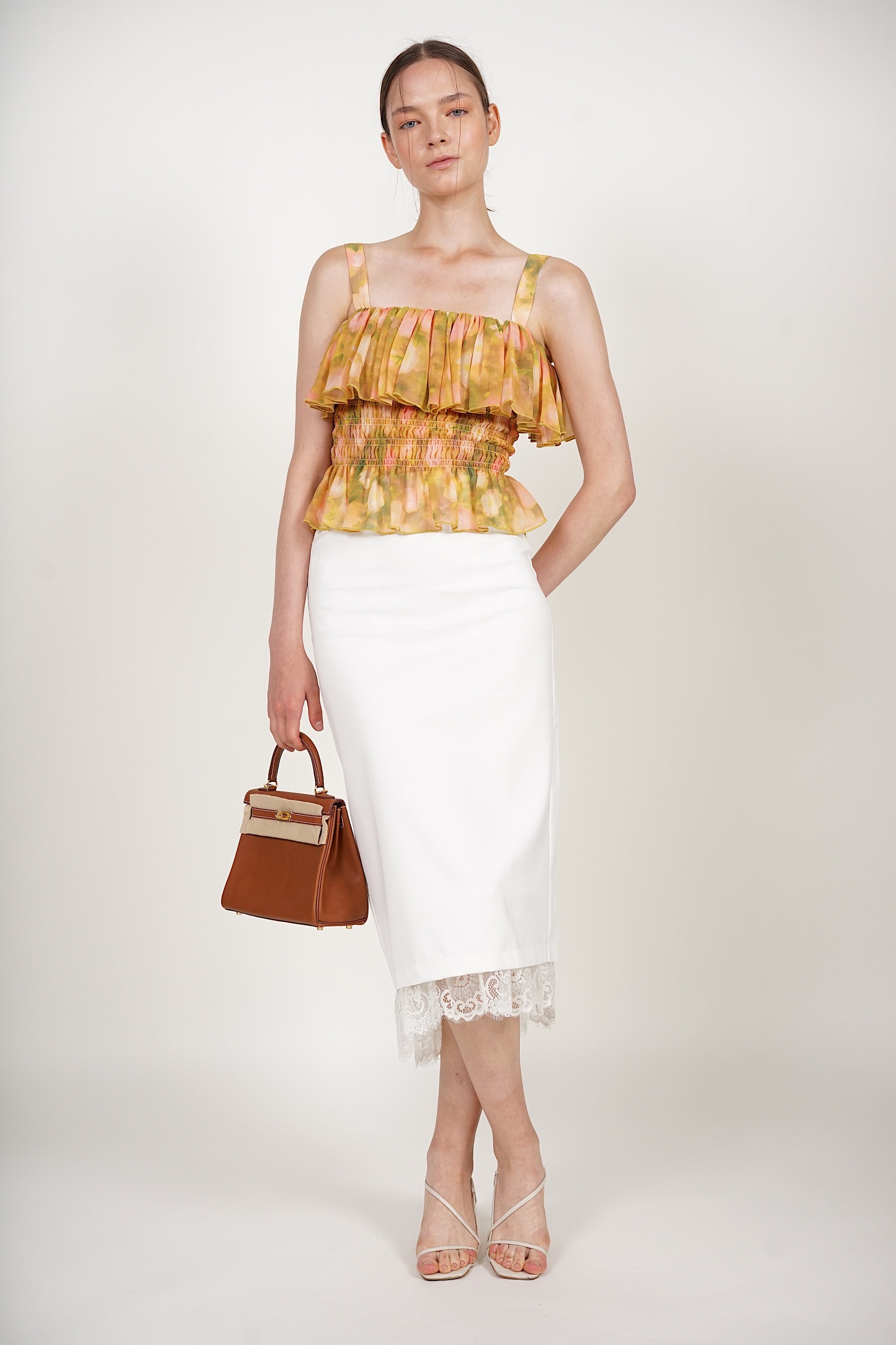 Ruffle Smocked Top in Yellow Floral