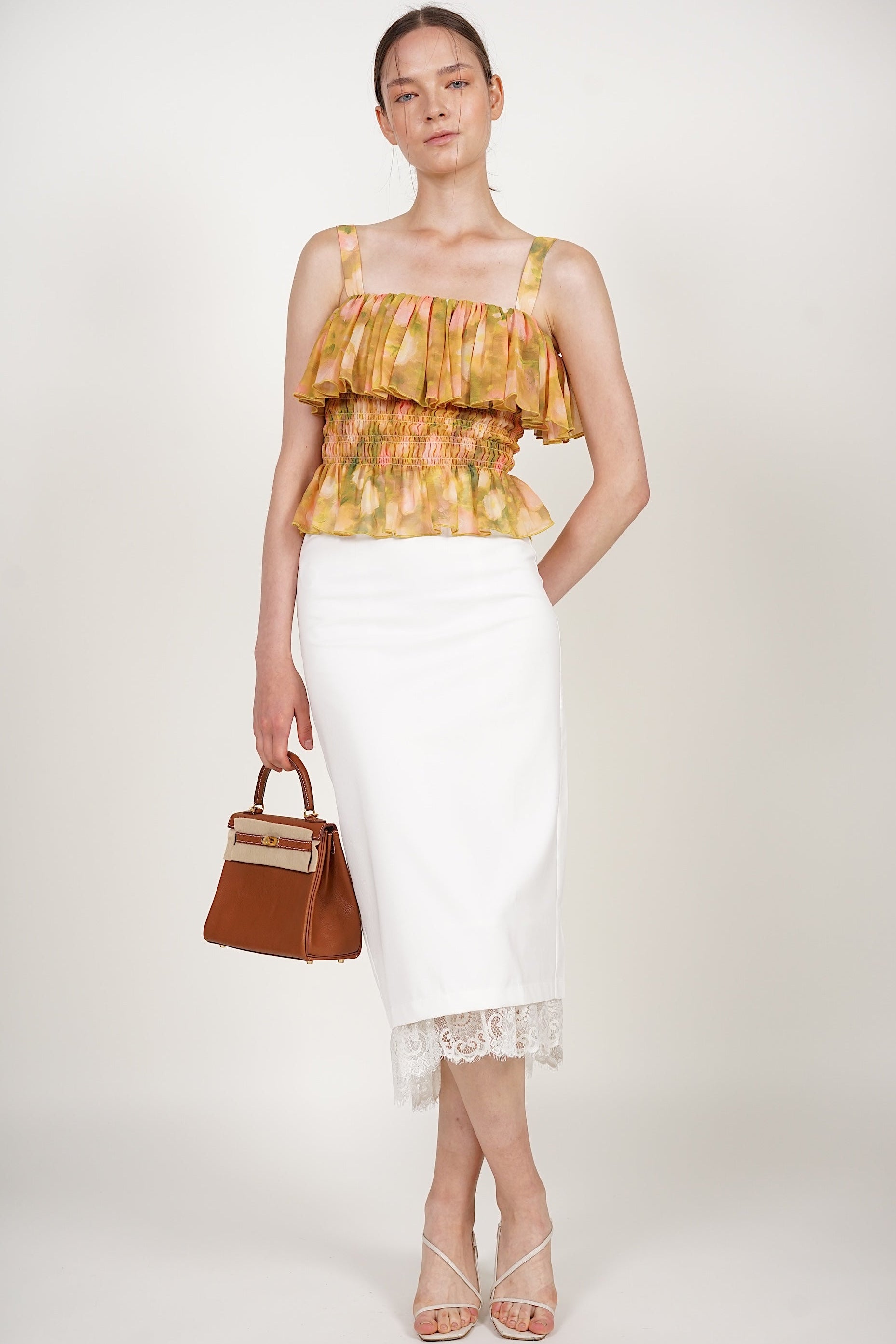 Ruffle Smocked Top in Yellow Floral