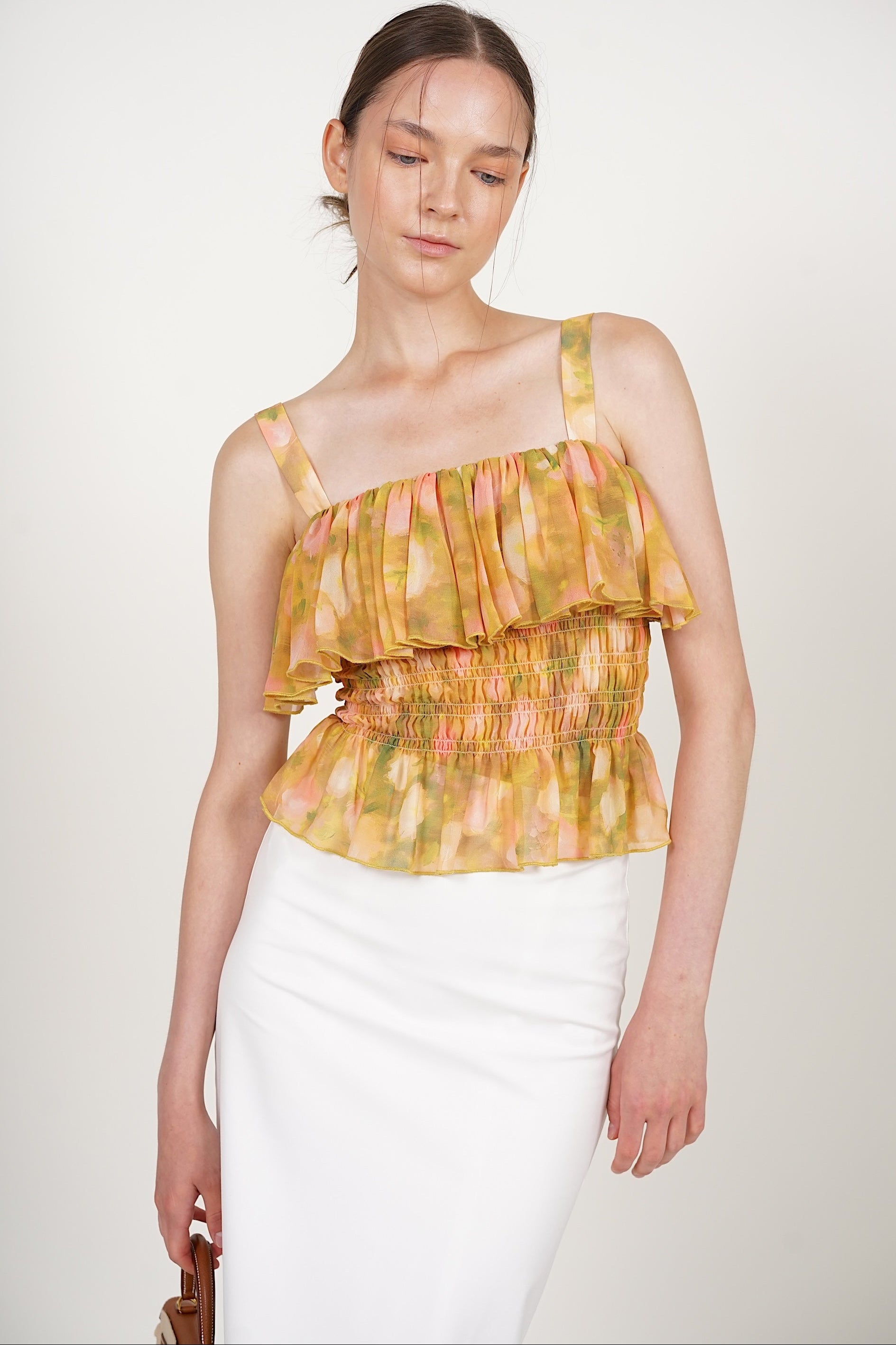 Ruffle Smocked Top in Yellow Floral