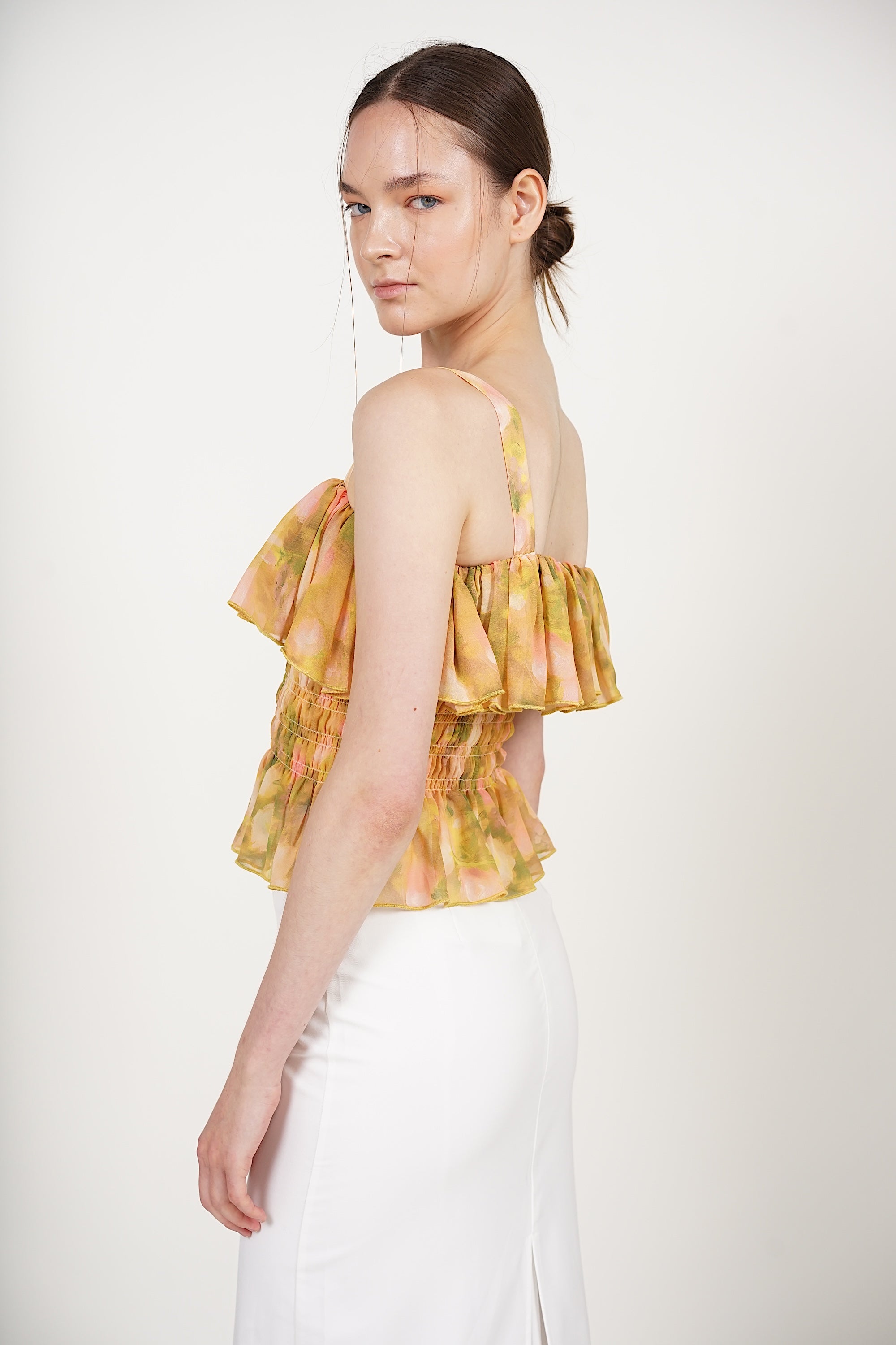 Ruffle Smocked Top in Yellow Floral