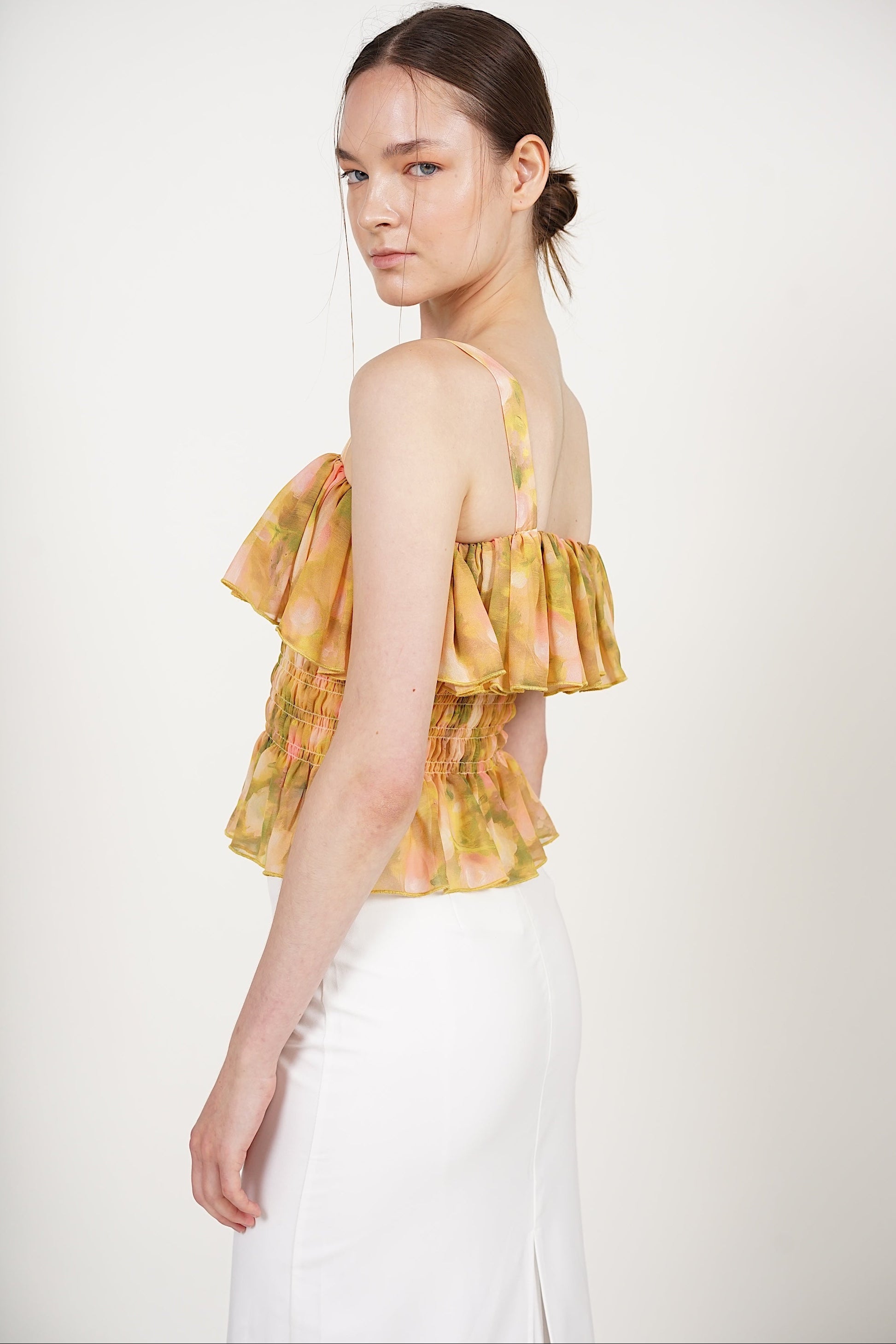 Ruffle Smocked Top in Yellow Floral