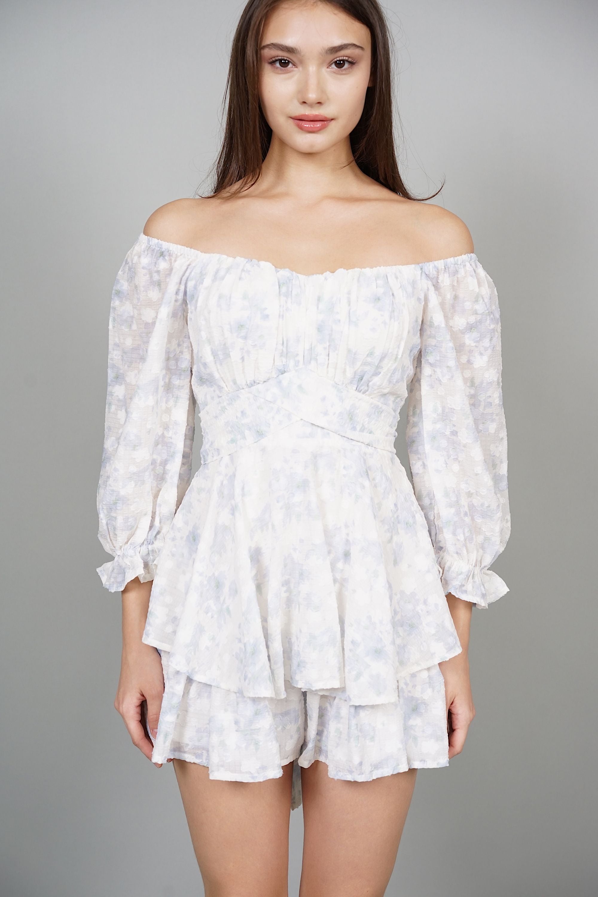 Renee Puffy Ruffled Romper in Blue Floral