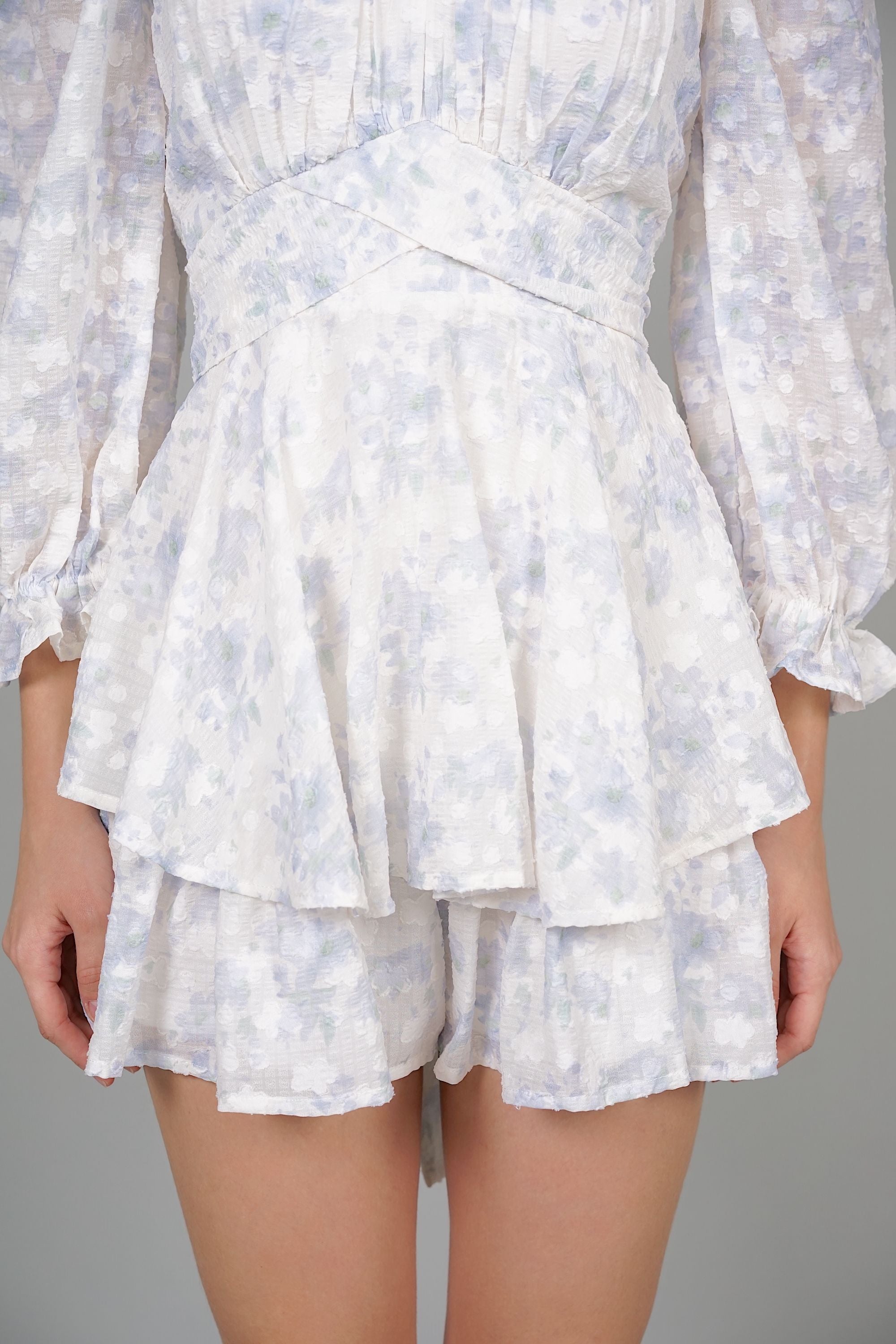 Renee Puffy Ruffled Romper in Blue Floral