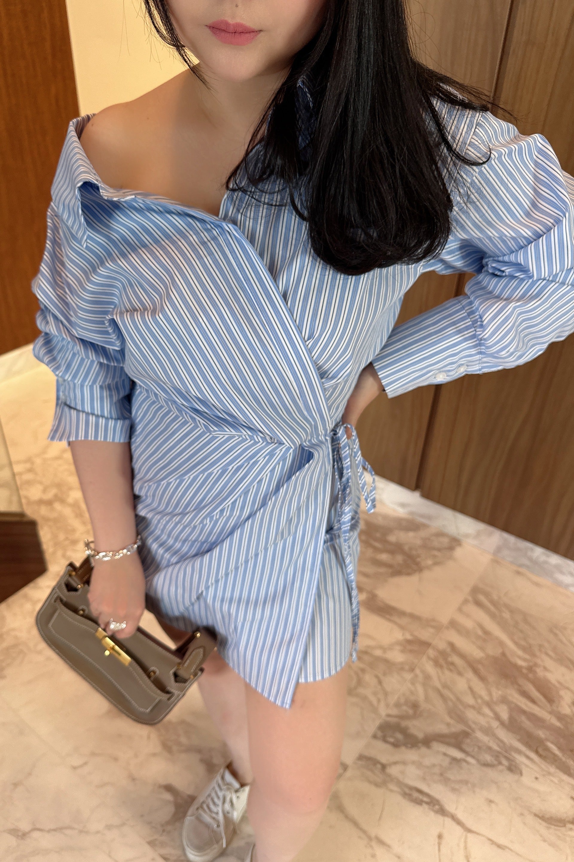 Collar Mini Wrap Dress in Blue Stripes