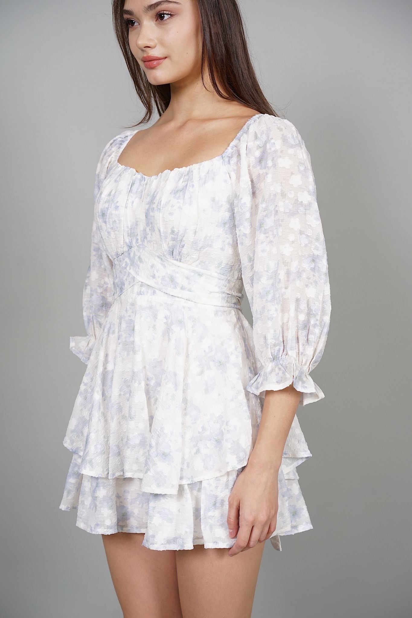 Renee Puffy Ruffled Romper in Blue Floral