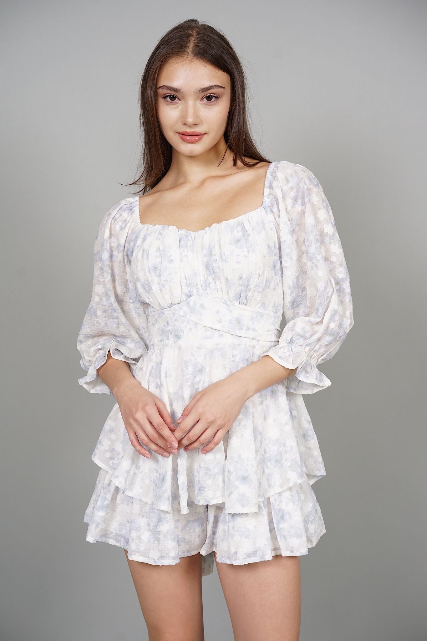 Renee Puffy Ruffled Romper in Blue Floral